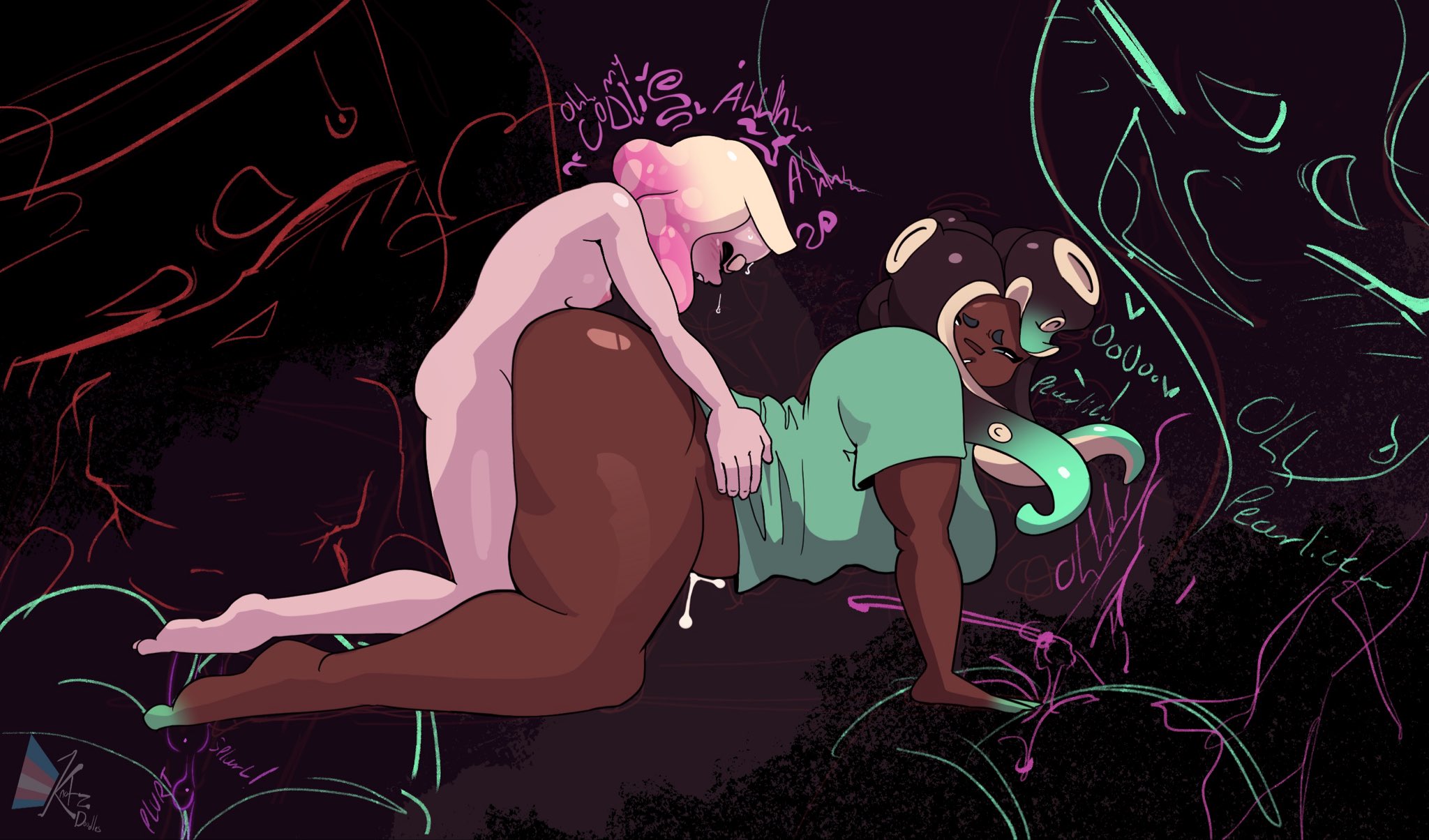2girls, english text, futa on female, futanari, knotzdoodles, marina (splatoon), nintendo, off the hook (splatoon), pearl (splatoon), splatoon, twitter link