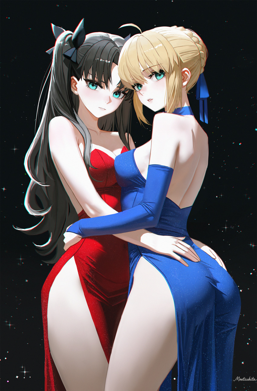2girls, absurdres, aqua eyes, armwear, artoria pendragon, artoria pendragon (fate), ass, ass focus, ass grab, bare arms, bare back, bare shoulders, big ass, black hair, black ribbon, blonde hair, blue armwear, blue bridal gauntlets, blue dress, blush, braid, braided base, breasts, bridal gauntlets, bun with braided base, cleavage, closed mouth, commentary, dress, duo, erect nipples, fate (series), fate/stay night, female, female focus, female only, female/female, hair bun, hair ornament, hair ribbon, hand on ass, hands on another's hips, highres, hips, hips wider than shoulders, honkai (series), honkai: star rail, light-skinned female, long hair, looking at viewer, looking back, medium breasts, moetsukita, multiple girls, parted lips, red dress, ribbon, saber (fate), saber (honkai: star rail) (fate), short hair, side slit, sleeveless, sleeveless dress, strapless, strapless dress, thick thighs, thighs, tohsaka rin, tohsaka rin (honkai: star rail), two side up, very long hair, yuri