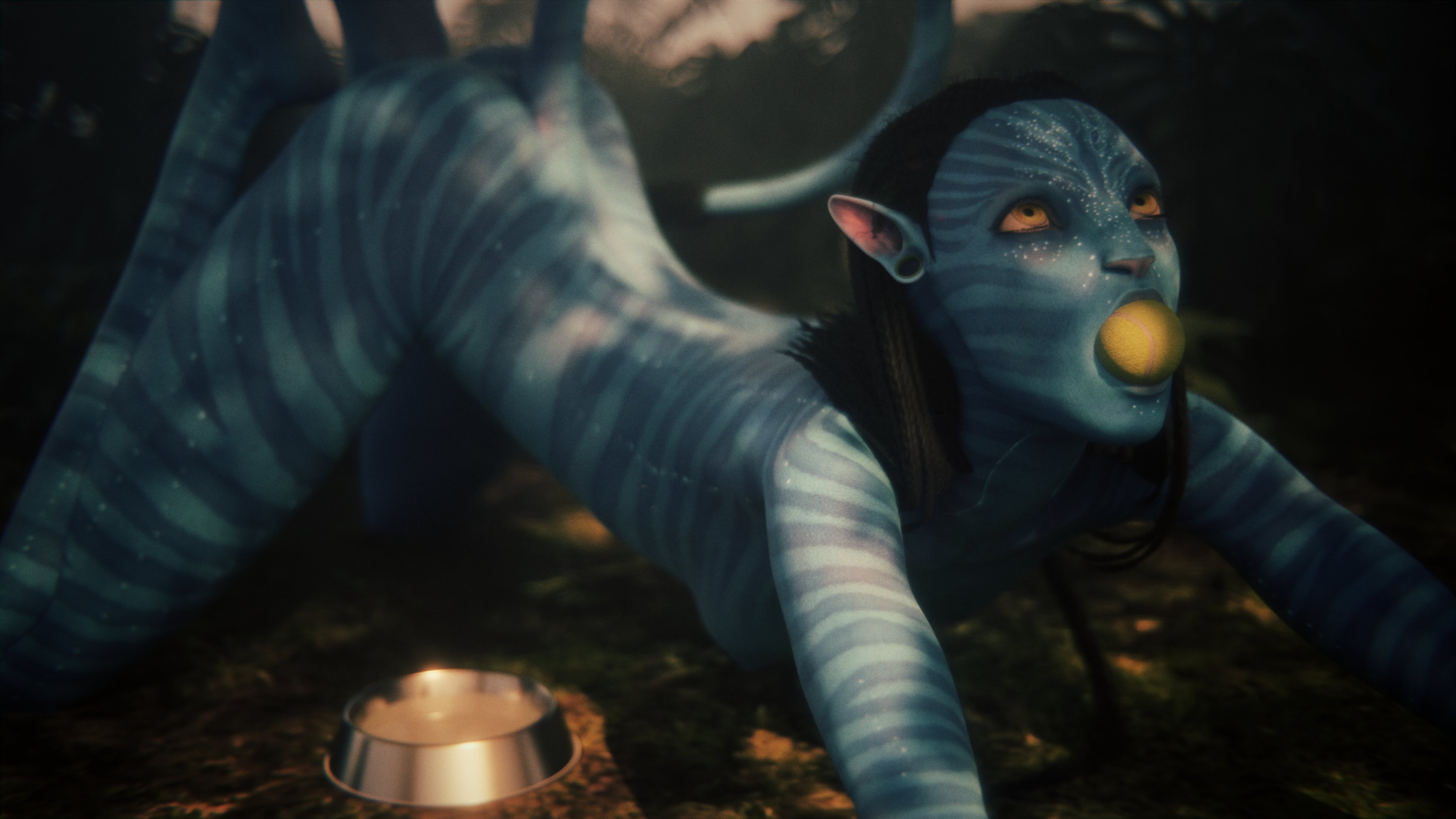 1girls, 3d, alien, ass, ass up, avatar, big ass, black hair, blue skin, bowl, cum in bowl, female, female only, femsub, gifdoozer, na'vi, neytiri, nude, petplay, solo