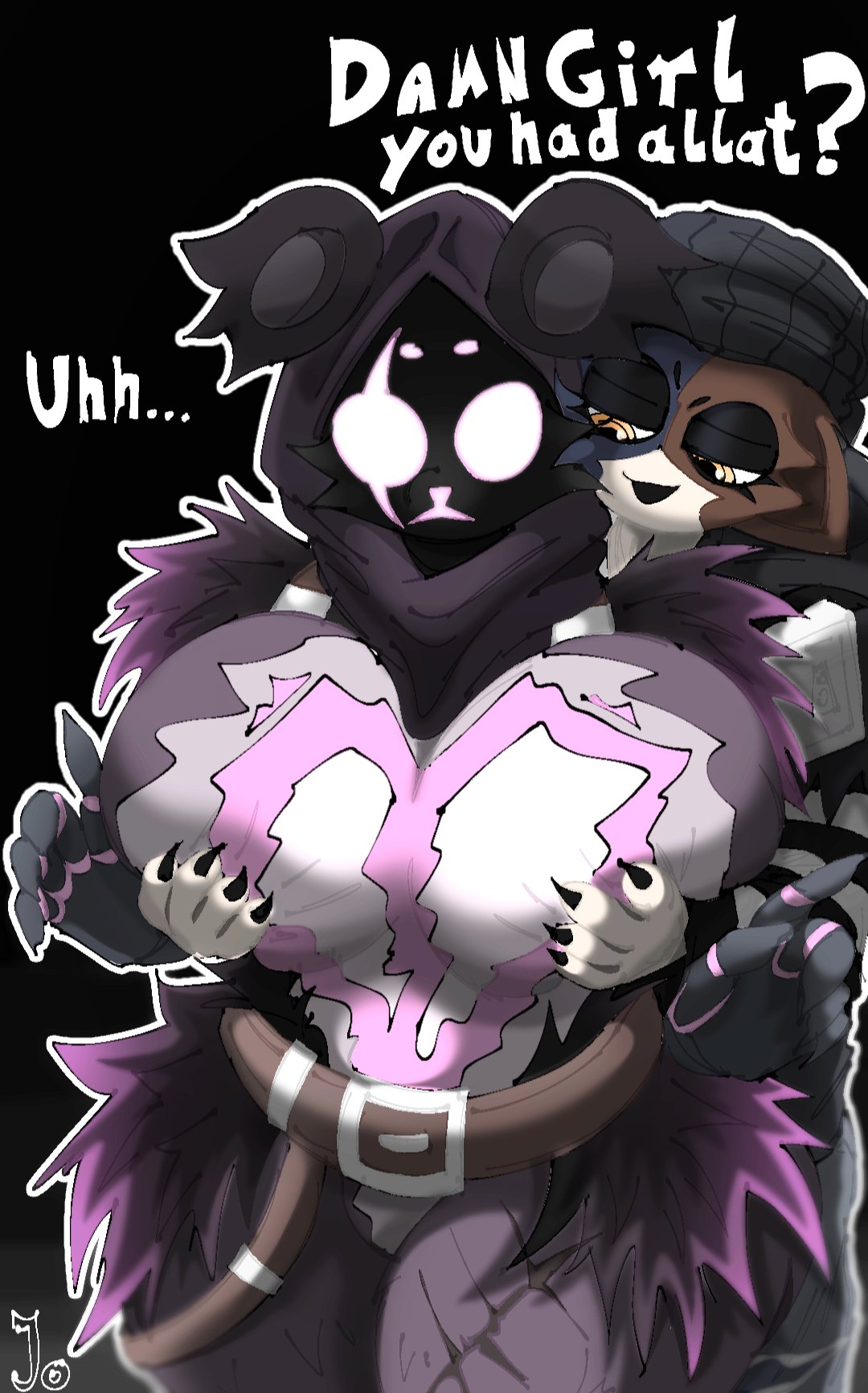 2girls, anthro, anthro only, bear girl, big breasts, boob focus, calico cat, catgirl, claws, fortnite, furry female, grabbing from behind, groping breasts, huge breasts, meow skulls (fortnite), raven team leader, what do i type, yuri