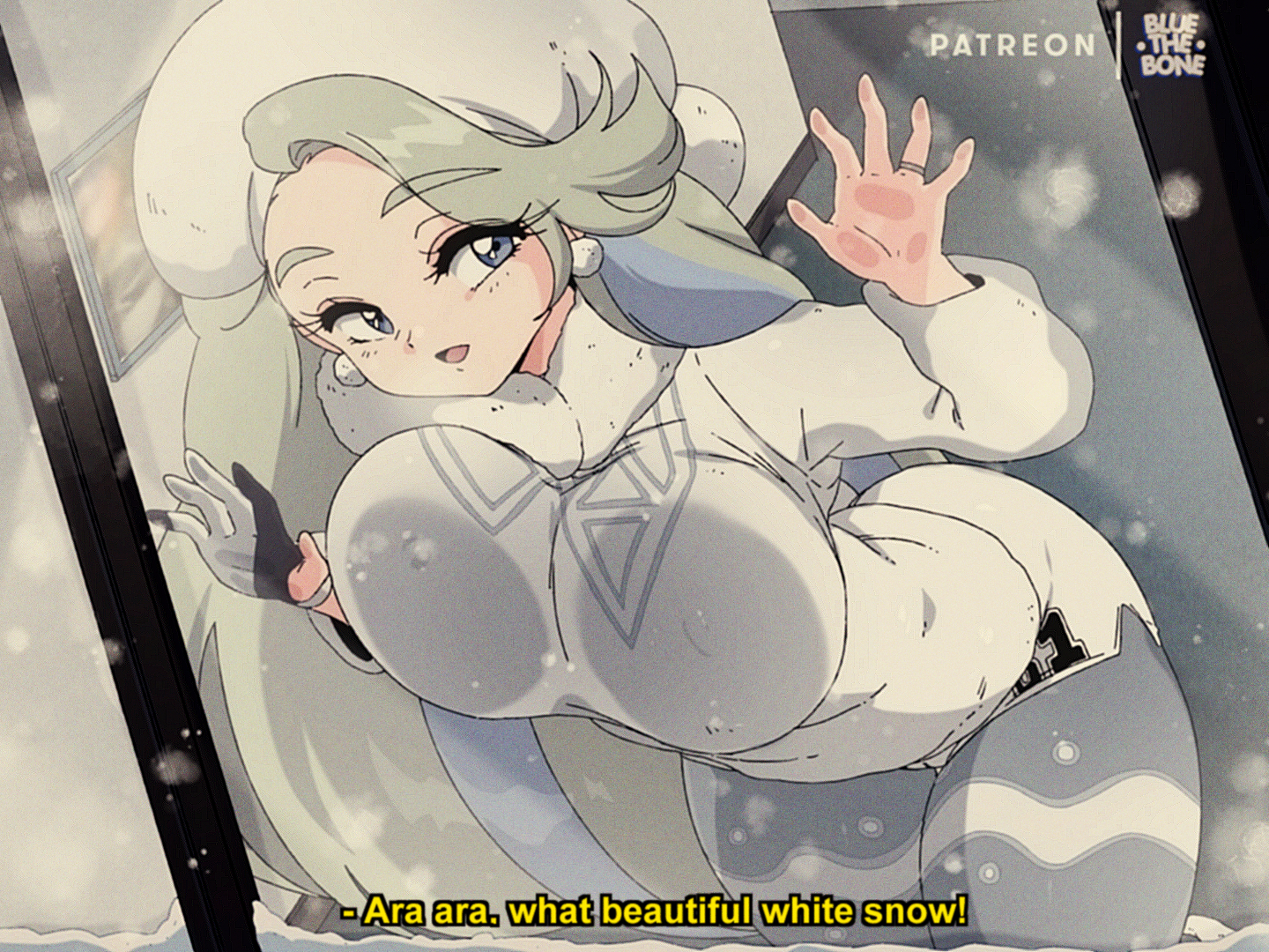 1girls, against glass, alternate breast size, ara ara, big breasts, blue eyes, bluethebone, breasts, clothed, clothing, covered breasts, english text, female, female only, hat, huge breasts, light skin, light-skinned female, long hair, melony (pokemon), nintendo, nipples visible through clothing, pokemon, pokemon ss, retro artstyle, snow, solo, solo female, text