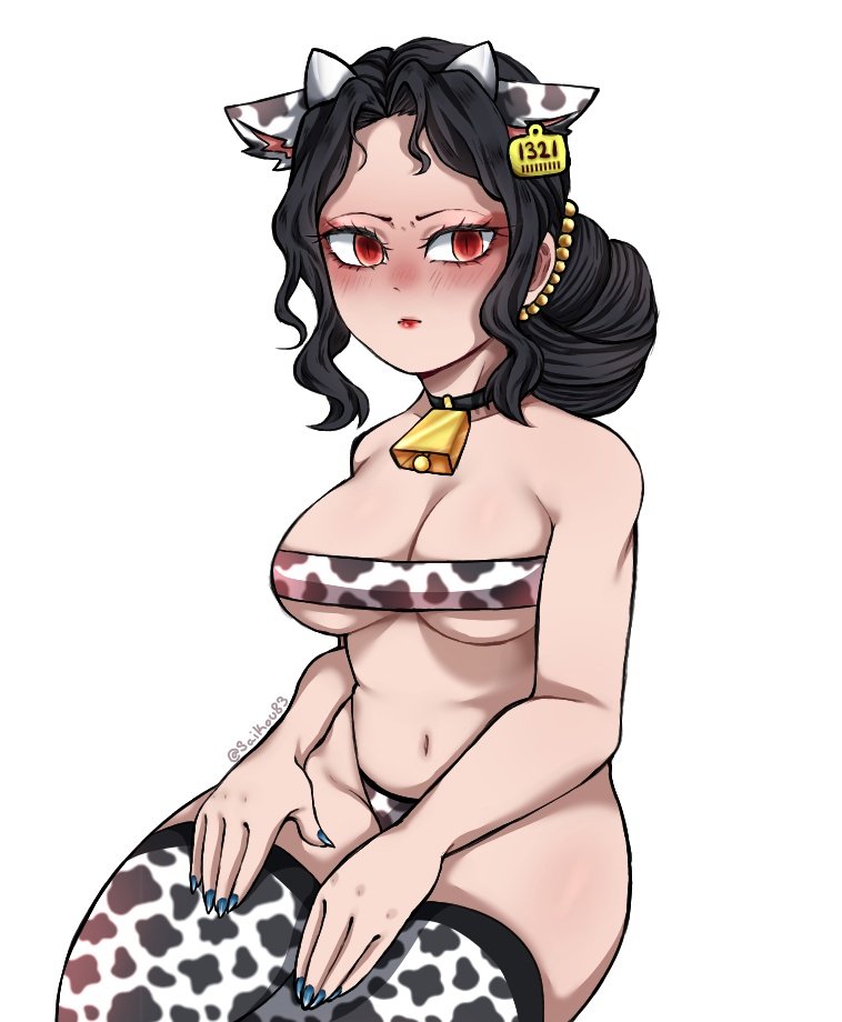 alternate costume, bandeau, bikini, black hair, blush, breasts, canon genderswap, cleavage, cow bikini, cow ears, cow horns, cow print, cow print thighhighs, cowbell, demon, demon slayer, demoness, ear tag, eyeshadow, female, female muzan, female only, genderswap, genderswap (mtf), kimetsu no yaiba, muzan kibutsuji, red eyes, red lipstick, rule 63, saikou83, sharp fingernails, slit pupils, solo, strapless, strapless bikini, thighhighs, underboob