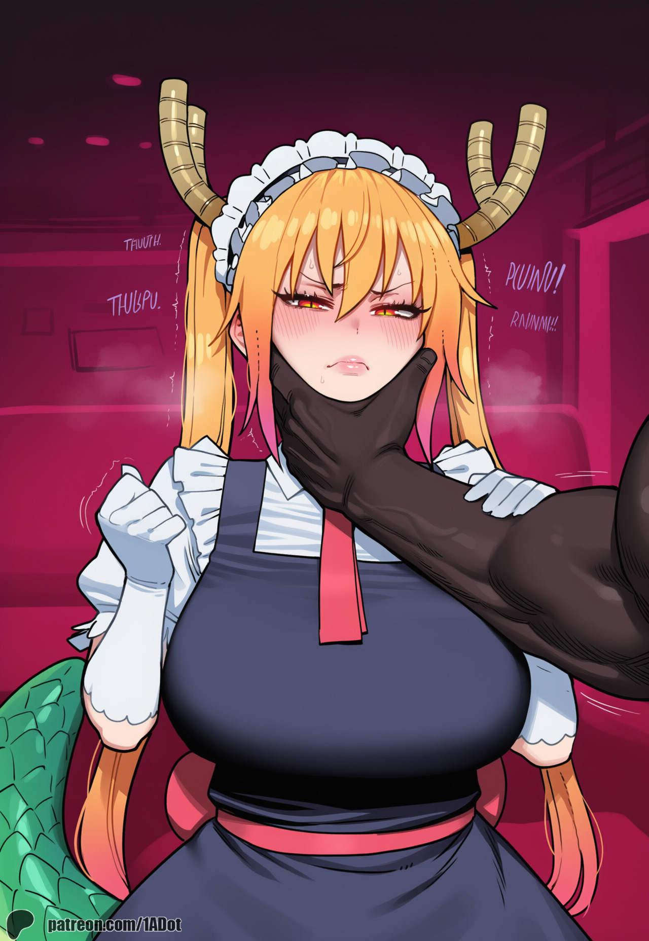 1-a dot, ai generated, blonde hair, blush, cheek grab, dark-skinned male, gloves, grabbing face, horns, huge breasts, imminent rape, looking at viewer, maid, maid uniform, miss kobayashi's dragon maid, nervous, nightclub, orange eyes, sweat, tail, tohru (dragon maid)