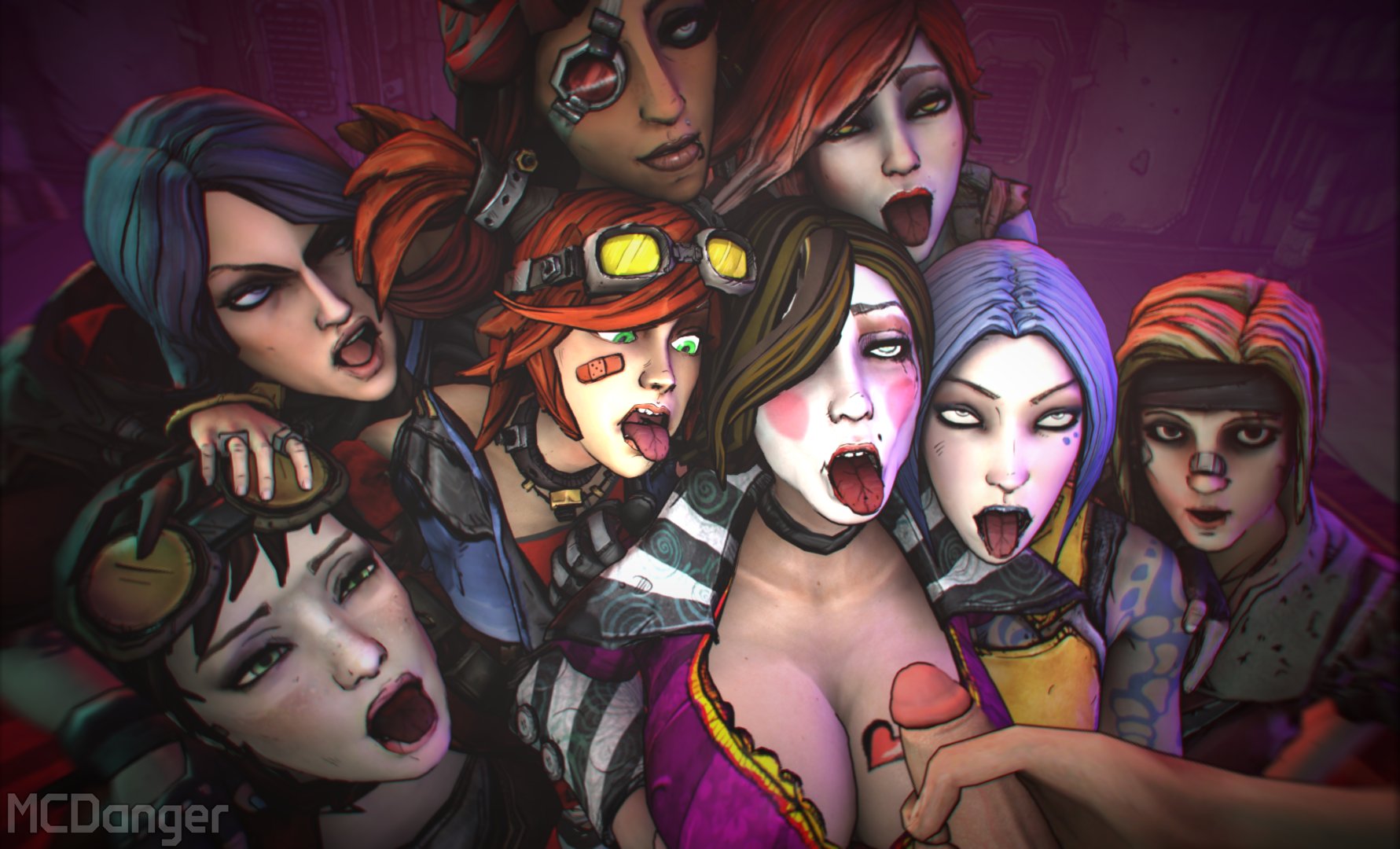 1boy, 3d, 6+girls, 8girls, athena (borderlands), beauty mark, blue hair, blue lips, body markings, borderlands, borderlands 2, borderlands the presequel, breasts, captain scarlett, dudemcdanger, erection, facepaint, female, gaige (borderlands), goggles, goggles on head, heart tattoo, imminent facial, imminent oral, janey springs, lilith (borderlands), mad moxxi, male, masturbation, maya (borderlands), multiple girls, open mouth, patricia tannis, penis, red hair, redhead, siren (borderlands), siren markings, tattoo, tongue, tongue out
