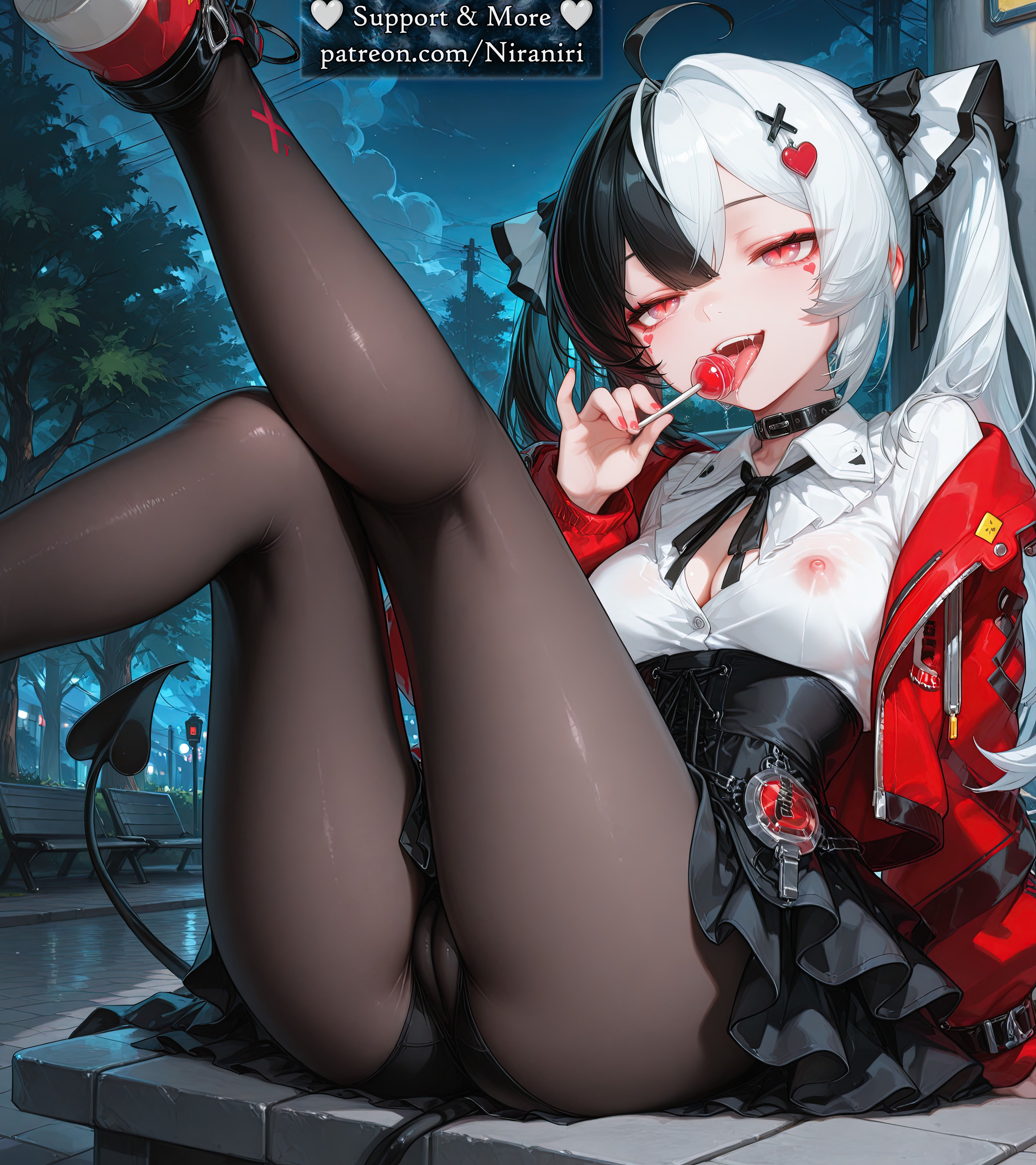 1girl, 1girls, absurd res, ahoge, ai generated, ass, black choker, black clothes, black collar, black hair, black legwear, black panties, black pantyhose, black ribbon, black skirt, breasts, cameltoe, candy, choker, cleavage, clothing, collar, collared shirt, covered nipples, demon tail, female, female only, food, frills, hair between eyes, hair ornament, heart hair ornament, high-waist skirt, holding, holding candy, holding lollipop, jacket, lacrimosa (neverness to everness), leg up, legs up, legwear, licking, lollipop, long hair, long sleeves, looking at viewer, medium breasts, miniskirt, multicolored hair, nail polish, neck ribbon, neverness to everness, night, night sky, niraniri, no bra, off shoulder, on bench, open clothes, open jacket, open mouth, outdoors, panties, panties under pantyhose, pantyhose, red eyes, red jacket, red nails, ribbon, saliva, saliva trail, see-through, see-through shirt, shirt, shoes, sitting, skirt, sky, smile, sneakers, solo, split-color hair, streaked hair, tail, teeth, tongue, tongue out, tree, twintails, two-tone hair, underwear, upper teeth only, upskirt, wet clothes, wet shirt, white hair, white shirt, x hair ornament
