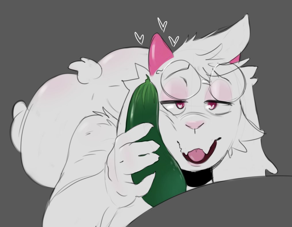 2023, 2d, cock hungry, cock worship, cucumber, deltarune, femboy, furry, glasses, goat, heart-shaped pupils, horns, owo whats this, phallic imagery, pompsadoodle, ralsei, ralsei with white fur, smile, solo, symbolism, twink, undertale, undertale (series)
