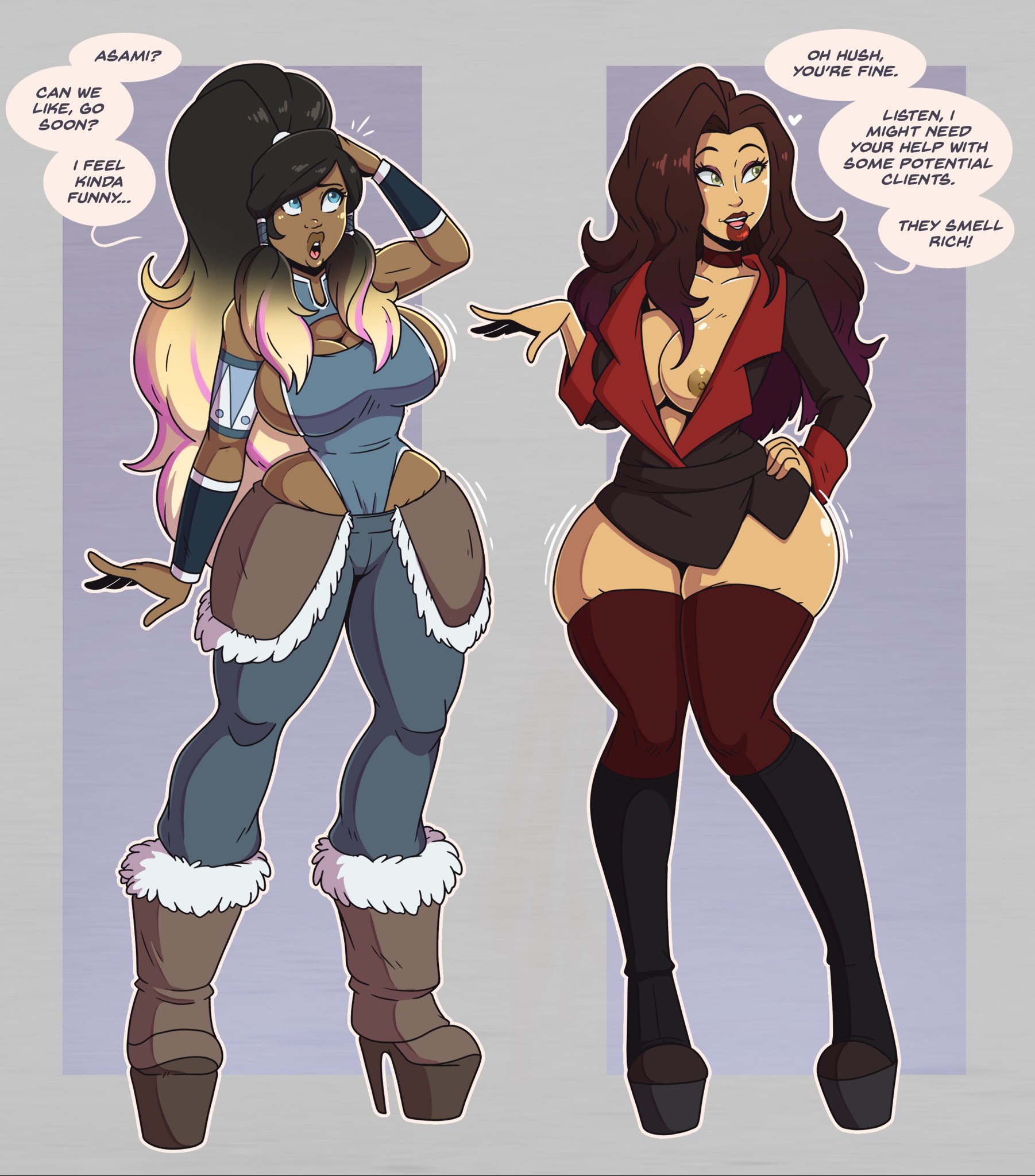2girls, alternate version available, asami sato, ass, avatar the last airbender, big ass, big breasts, bimbofication, black hair, blonde hair, breast expansion, breasts, breasts bigger than head, breasts out, brown hair, bubble ass, bubble butt, dark-skinned female, dialogue, english text, female, female only, gay to straight, hair color change, hair covering one eye, huge breasts, hypnosis, korra, large ass, large breasts, large hips, light skin, light-skinned female, multiple girls, purple hair, skimpy, skimpy bikini, slutification, speech bubble, stupid looking, tan skin, text, the legend of korra, transformation, transformation sequence, whore, whores, wrenzephyr2