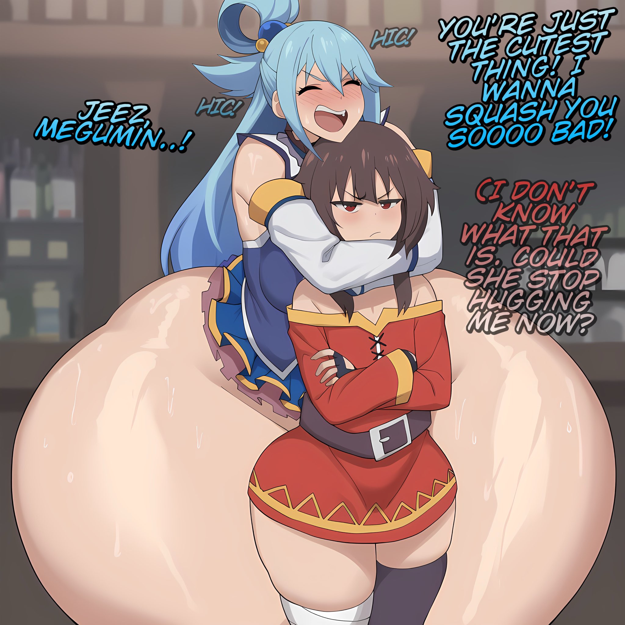 2girls, ai generated, aqua (konosuba), big ass, blue hair, brown hair, curvy figure, huge ass, huge thighs, hyper ass, irxsvielwriter, kono subarashii sekai ni shukufuku wo!, megumin, sitting on face, sitting on person, size difference, tagme, thick thighs, thighs
