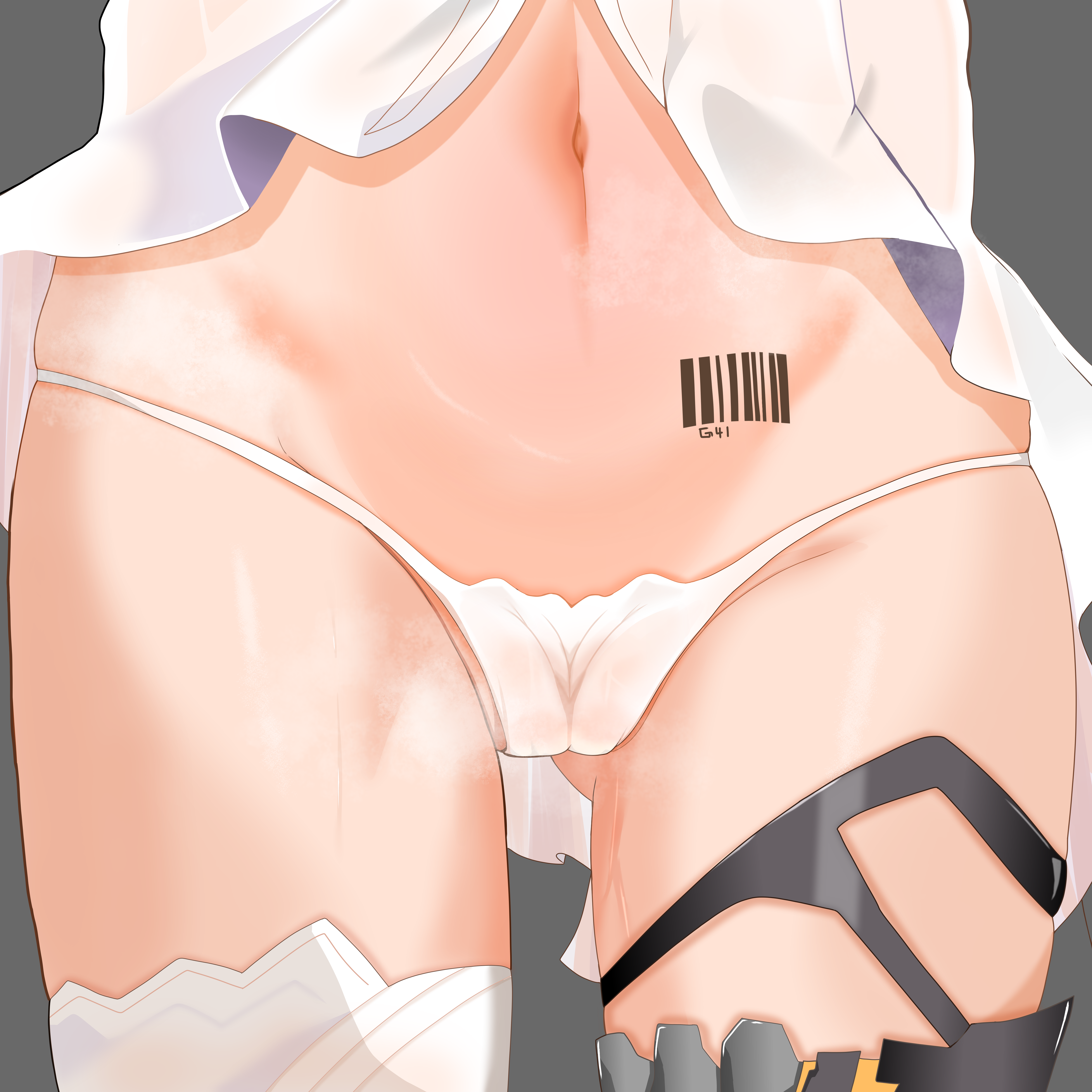 1girls, asupara (asparagus paint), barcode, barcode tattoo, cameltoe, close-up, clothing, faelynn (girls' frontline 2), feet out of frame, female, female only, female torso, g41 (girls' frontline), girls' frontline, girls' frontline 2: exilium, groin, lower body, navel, panties, steam, steaming body, thighhighs
