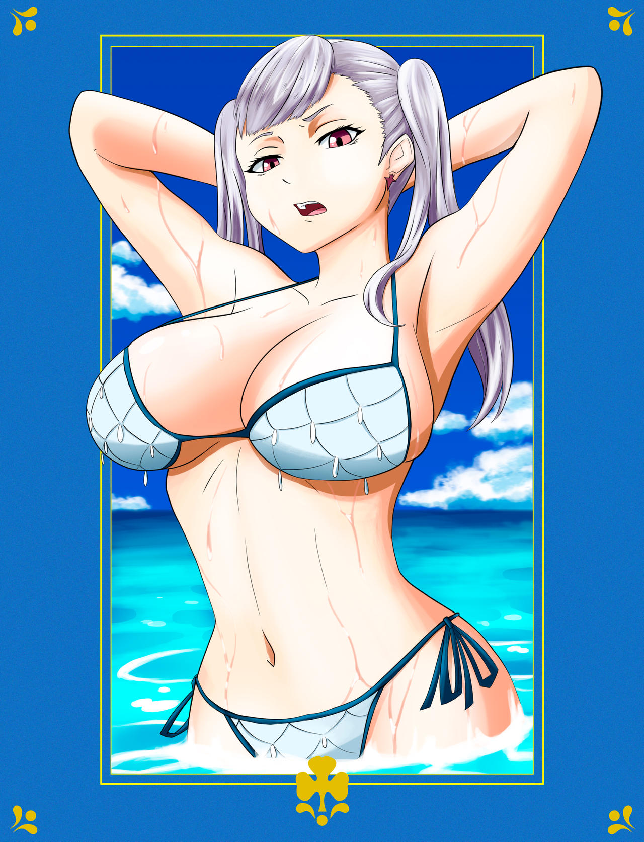 1girls, arms behind head, big breasts, bikini, black clover, breasts, female, noelle silva, purple eyes, silver hair, swimsuit, twintails, water