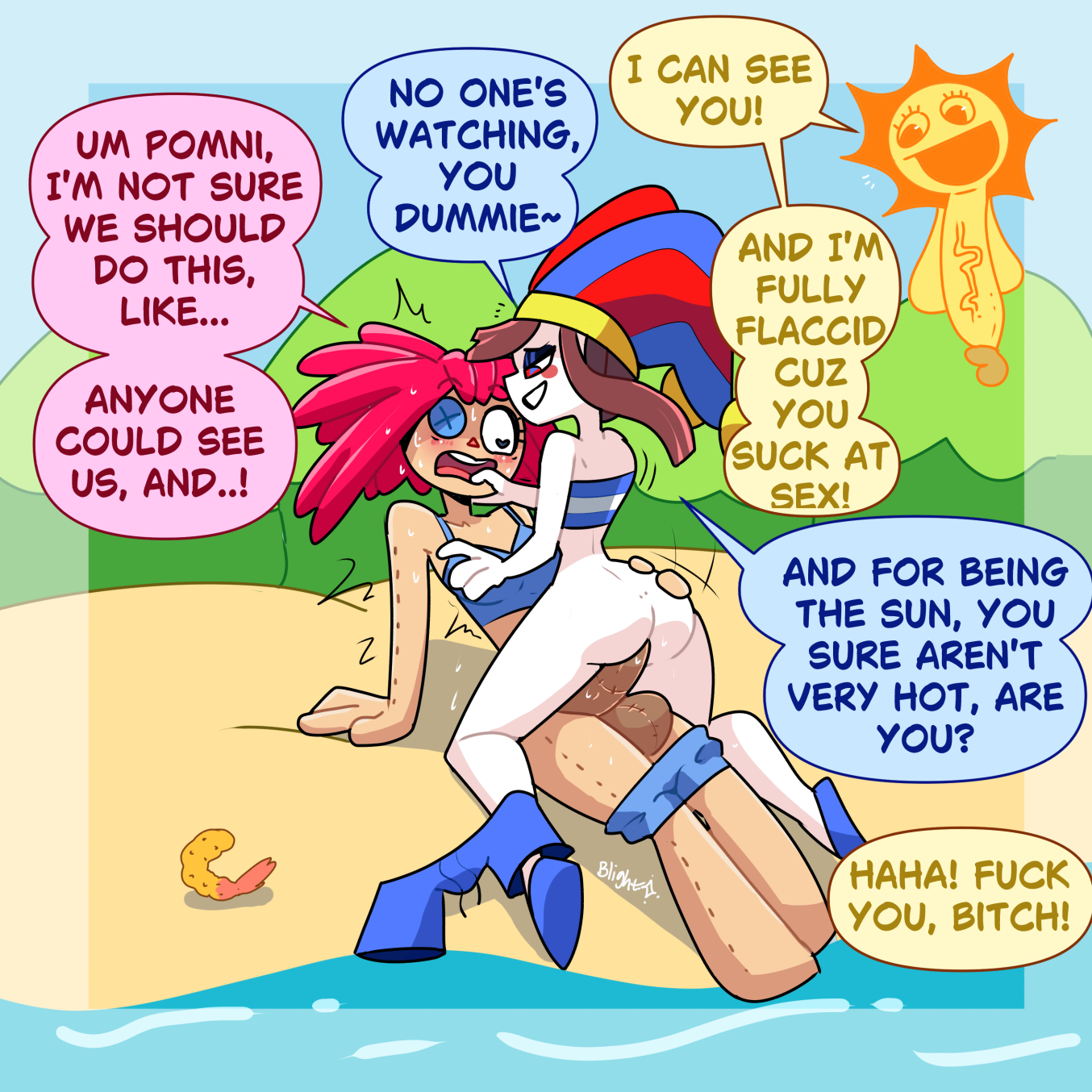 1futa, 1girls, beach, beach background, blightstar, blush, brown hair, cowgirl position, dialogue, domni, english text, finger in another's mouth, flaccid, flaccid penis, futanari, hand on breast, hat, heckler, insult, jester, jesterdoll, leaning back, living doll, penetration, penis, pomni (the amazing digital circus), ragatha (the amazing digital circus), ragdoll, red hair, shrimp, shrimp (food), smile, speech bubble, stitches, sun (the amazing digital circus), swimsuit, swimsuit top, tagme, the amazing digital circus, veiny penis, watching