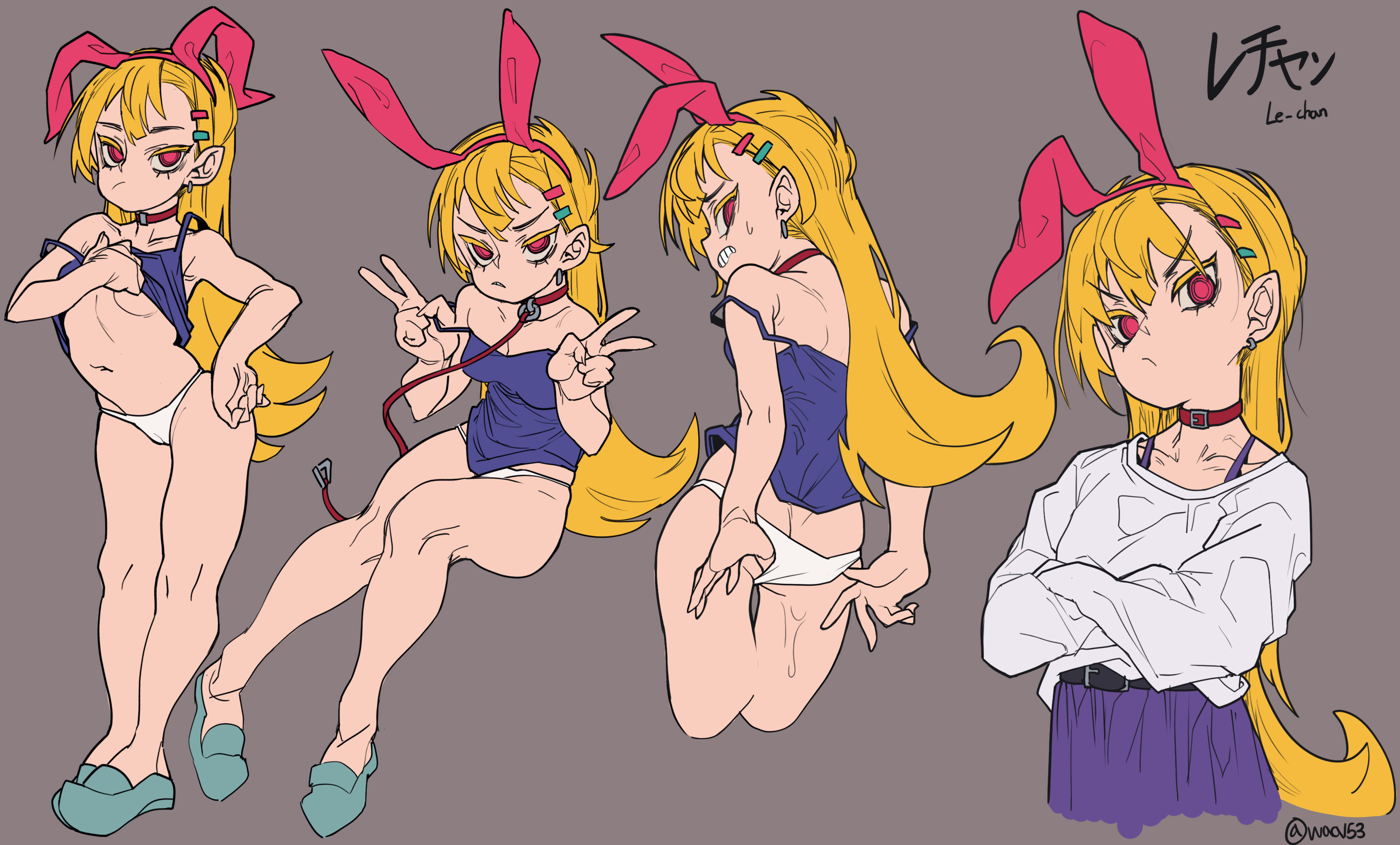 breasts, bunny ears, collar, female, leash, leash and collar, original character, panties, tagme, tank top, tank top lift, underboob, waa153