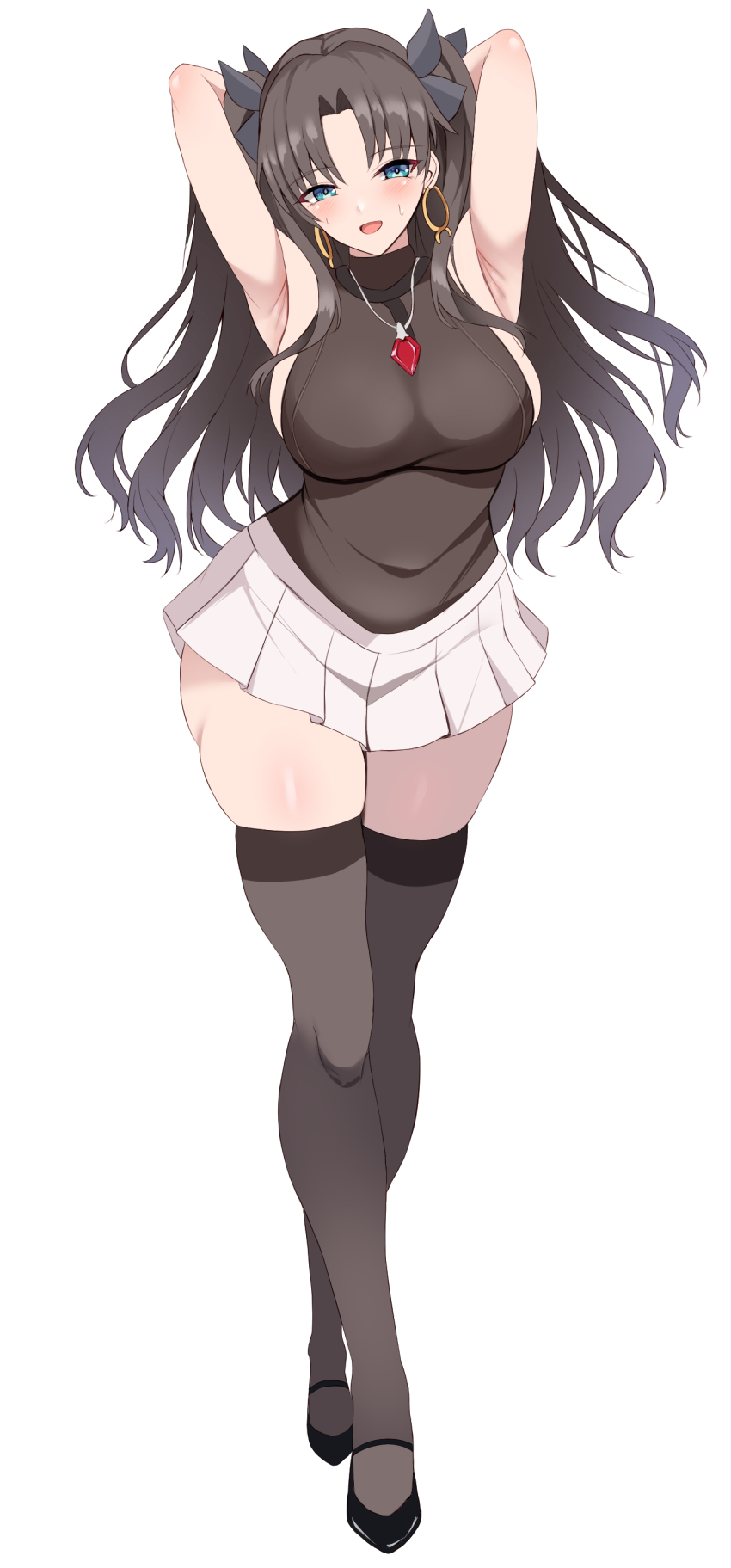 1girl, absurdres, armpits, arms behind head, arms up, ass, big ass, big breasts, black hair, black thighhighs, blue eyes, blue hair, blush, breasts, brown hair, collar, commentary request, earrings, fate (series), fate/stay night, female, female focus, female only, gem, happy, highres, hips, hips wider than shoulders, honkai (series), honkai: star rail, huge ass, huge breasts, jewelry, large breasts, long hair, looking at viewer, mouth open, ribbon, sideboob, simple background, skirt, sleeveless, smile, solo, sweat, sweating, thick ass, thick thighs, thighhighs, thighs, tohsaka rin, tohsaka rin (honkai: star rail), twintails, uminekoin kujira, white skirt, zettai ryouiki