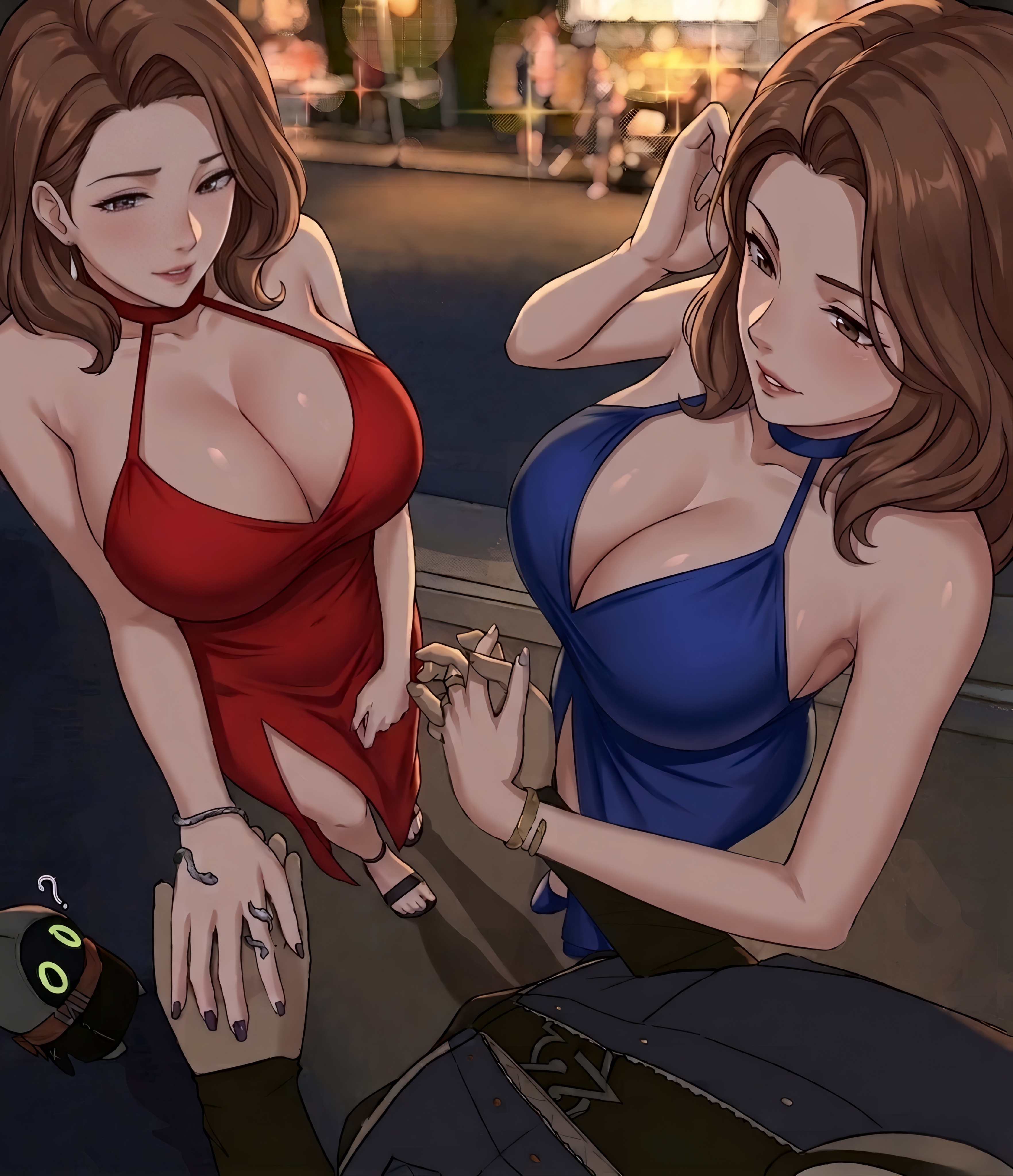 1boy, 2girls, ai generated, before sex, blue dress, brown hair, cleavage, edit, gray hair, hi res, highres, huge ass, huge breasts, inminent sex, milf, mishima yumi, older female, older female and younger male, ootake nami, red dress, seductive, seductive look, seductive smile, short hair, sisters, twin milf, twins, wise (zenless zone zero), zenless zone zero