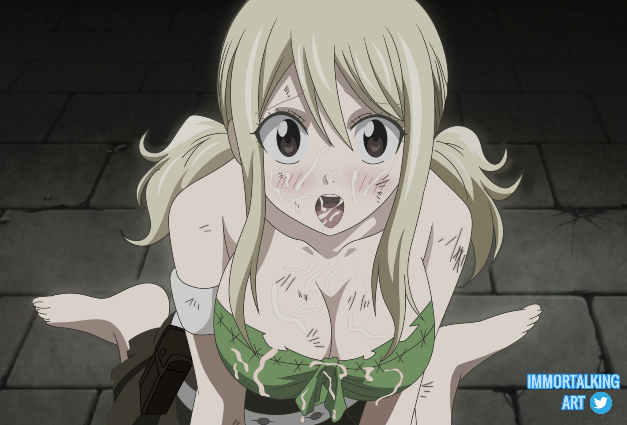 1girls, after sex, blonde hair, blonde-haired female, breasts, cum, cum in mouth, cum on breasts, cum on face, fairy tail, female, immortalkingart, lucy heartfilia