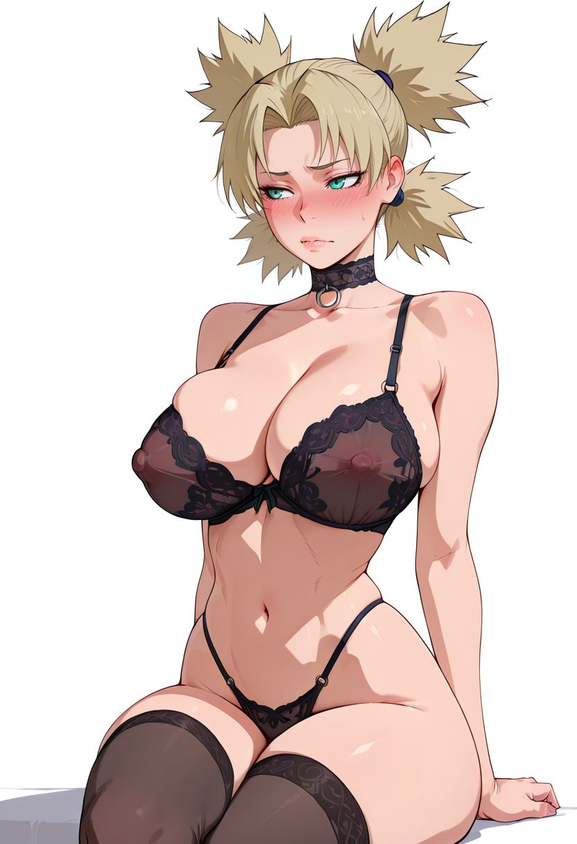 ai generated, big breast, blush, dirty blonde hair, lewdwaifulaifu, lingerie, naruto (series), sitting, temari