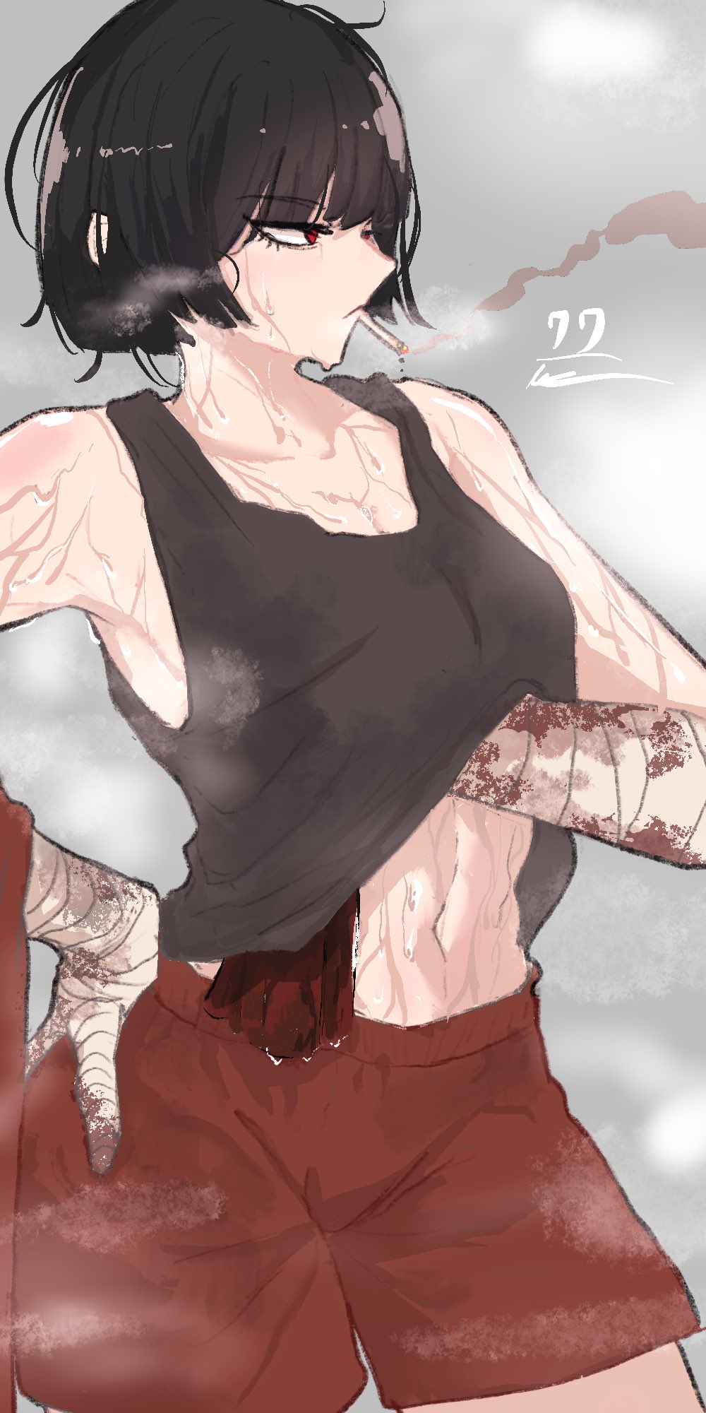 artist request, bandages, belly button, bob cut, cigarette, hand under clothes, limbus company, project moon, red eyes, ryoshu (limbus company), ryoshu (project moon), smoking, source request, sweaty, sweaty body, tagme, towel