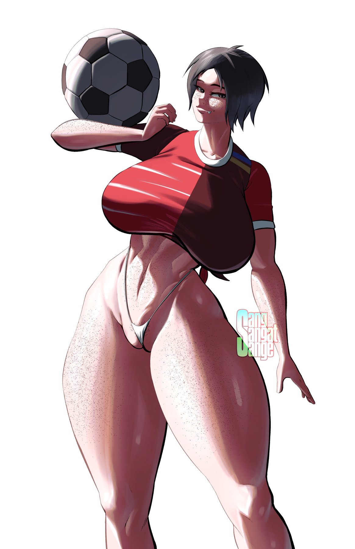 1girl, 1girls, artist logo, big breasts, bikini bottom, black hair, breasts, brown eyes, child bearing hips, fang, female, fit, fit female, football, football ball, freckled face, freckles, freckles on face, freckles on stomach, freckles on thighs, frontal wedgie, huge breasts, jersey, large breasts, looking at viewer, oerba yun fang, original, original character, pubic hair, pubic stubble, sangsangatsange, short hair, short hair female, soccer, soccer ball, soccer uniform, solo, solo female, tagme, thick, thick hips, thick legs, thick thighs, thong, thong bikini, tied shirt, twitter link, voluptuous, voluptuous female, wide hips