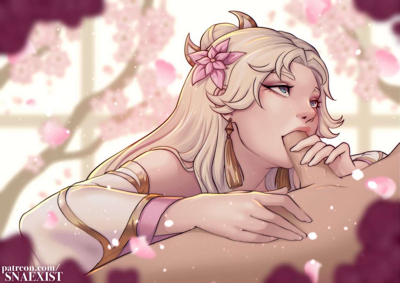 1girls, bedroom eyes, blonde hair, blowjob, blue eyes, earrings, hand on partner, hand on penis, hand on thigh, happy sex, league of legends, looking at partner, luxanna crownguard, oral, oral sex, penis in mouth, prestige skin, riot games, snaexist, sorbae, spirit blossom lux prestige edition, spirit blossom series