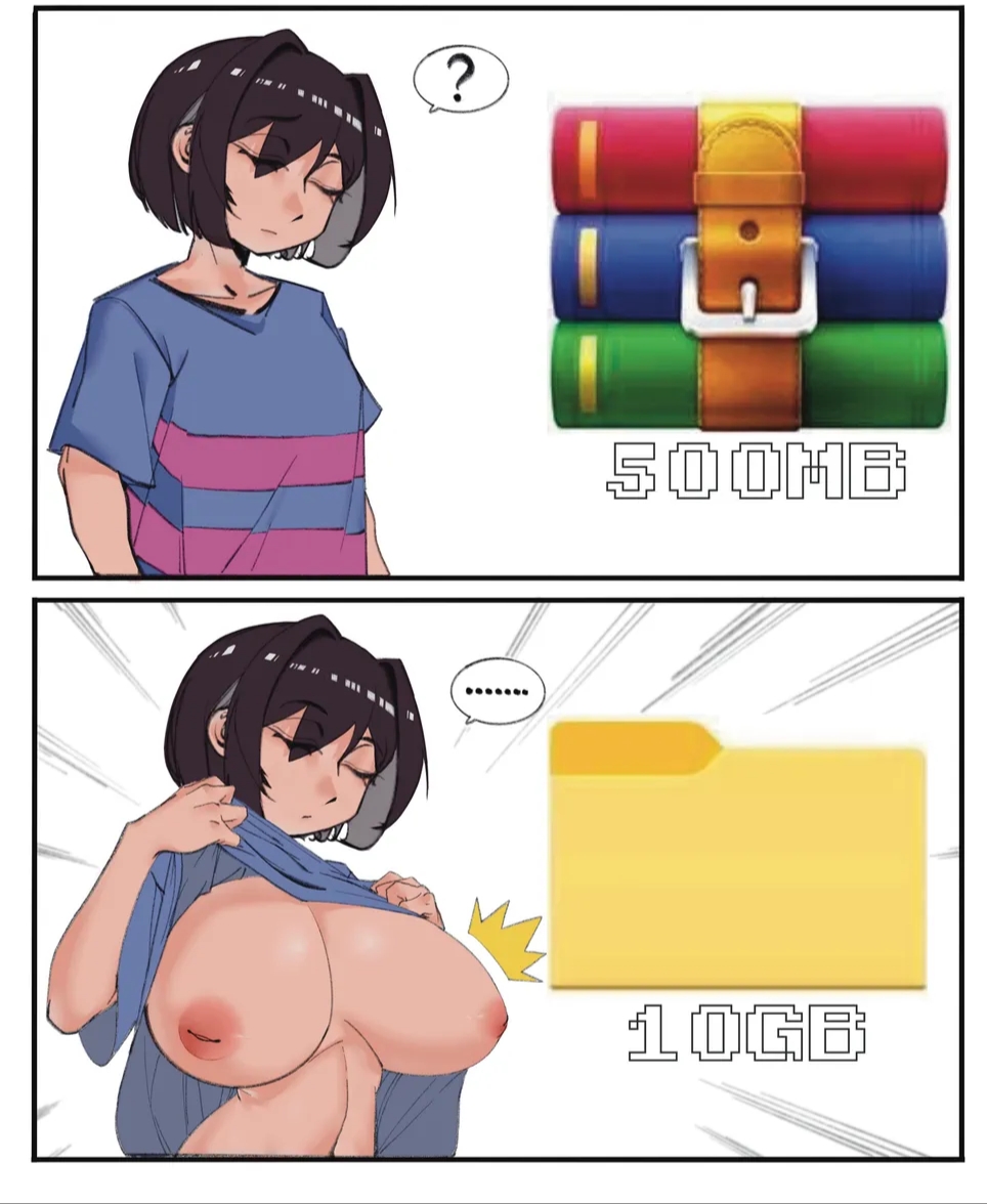 artist request, boob expansion, boobs out, decompressed file meme, frisk, frisk (undertale), hammerspace, hammerspace breasts, hidden buxom, hidden curves, inverted nipples, meme, undertale, winrar