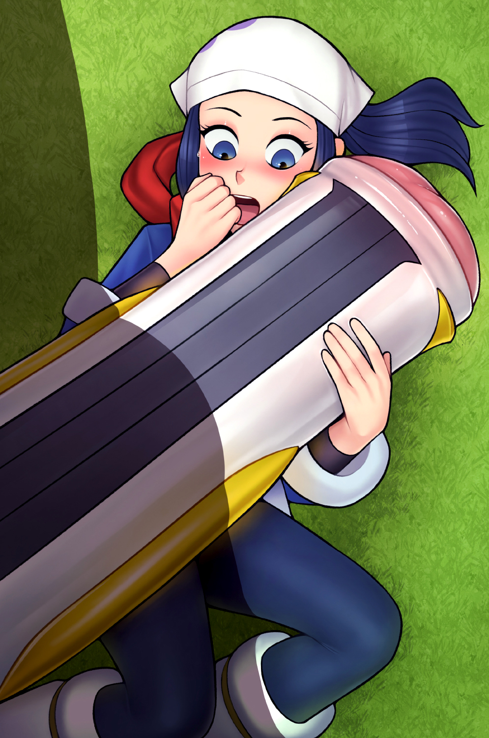 1girls, 1pokemon, 2022, akari (pokemon), arceus, blue eyes, blue hair, blush, clothed, clothed female, cock shock, equine penis, female, headscarf, horsecock, human, impossible fit, long hair, loodncrood, loose socks, male, nintendo, open mouth, outdoors, penis, penis awe, pokemon, pokemon (species), pokemon legends: arceus, pokephilia, ponytail, shocked, shocked expression, socks, unseen male face, white socks, zoophilia
