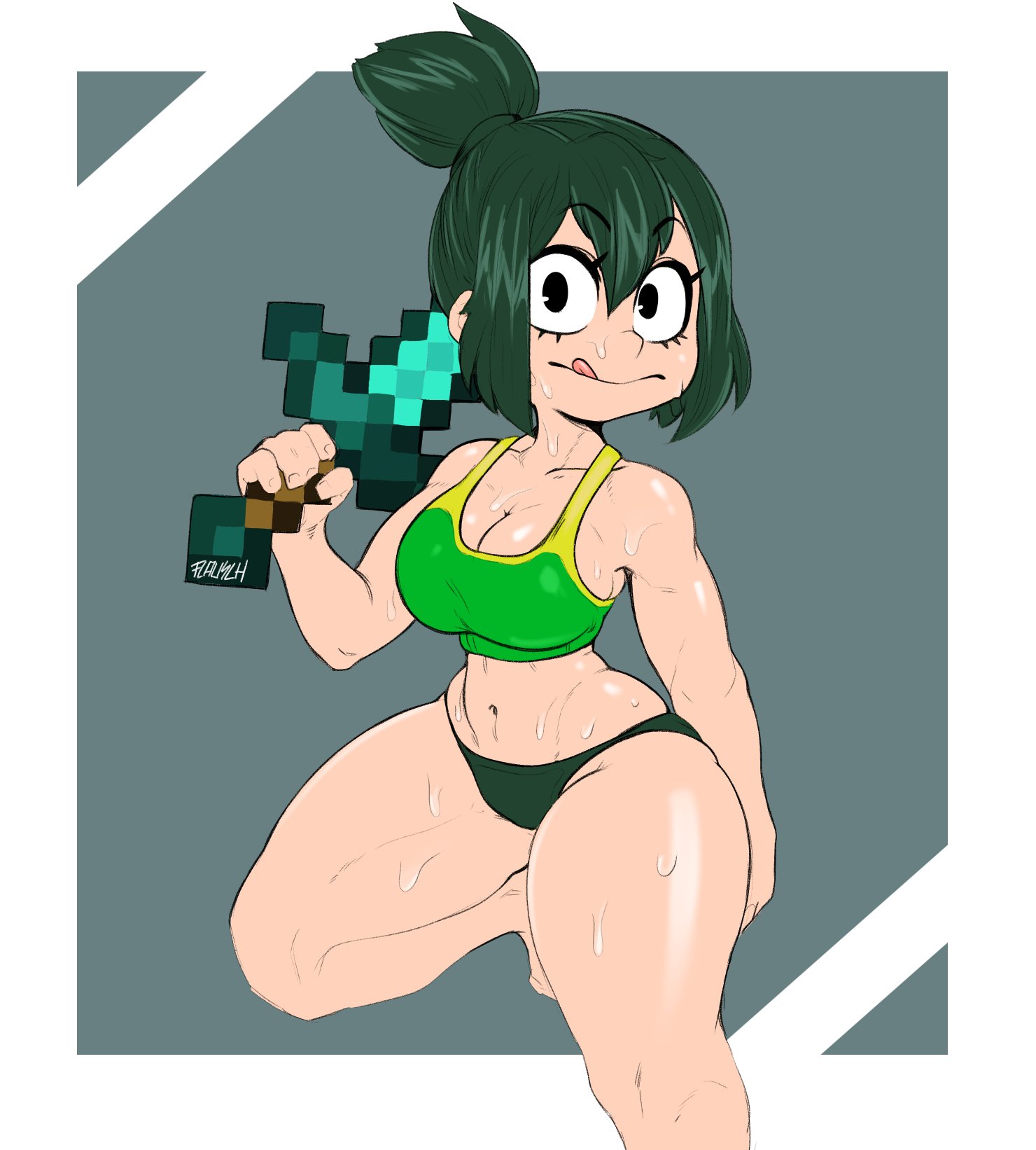1girls, breasts, cleavage, color, colored, curvaceous, curvy, curvy body, curvy female, curvy figure, dark green hair, dark hair, diamond sword, eye contact, female, female focus, female only, flauschdraws, green hair, long hair, looking at viewer, minecraft, mojang, my hero academia, solo, solo female, solo focus, standing, sweat, sweaty, sword, thick thighs, thighs, tied hair, tongue, tsuyu asui, weapon, wide hips