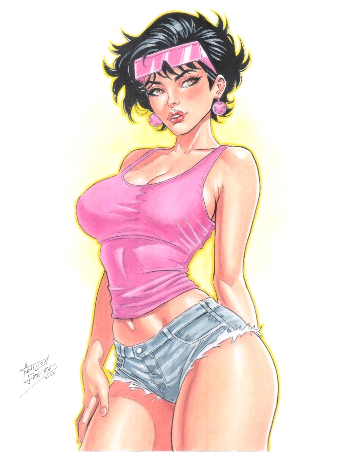1girls, 2d, 2d (artwork), alt girl, anilton freires, artist name, artist signature, asian, asian female, big breasts, black hair, breasts, brown eyes, cleavage, denim shorts, earrings, female, female only, jubilation lee, jubilee, looking at viewer, marvel, midriff, punk, punk girl, sfw, shorts, solo, solo female, standing, sunglasses, sunglasses on head, tank top, tomboy, white background, x-men