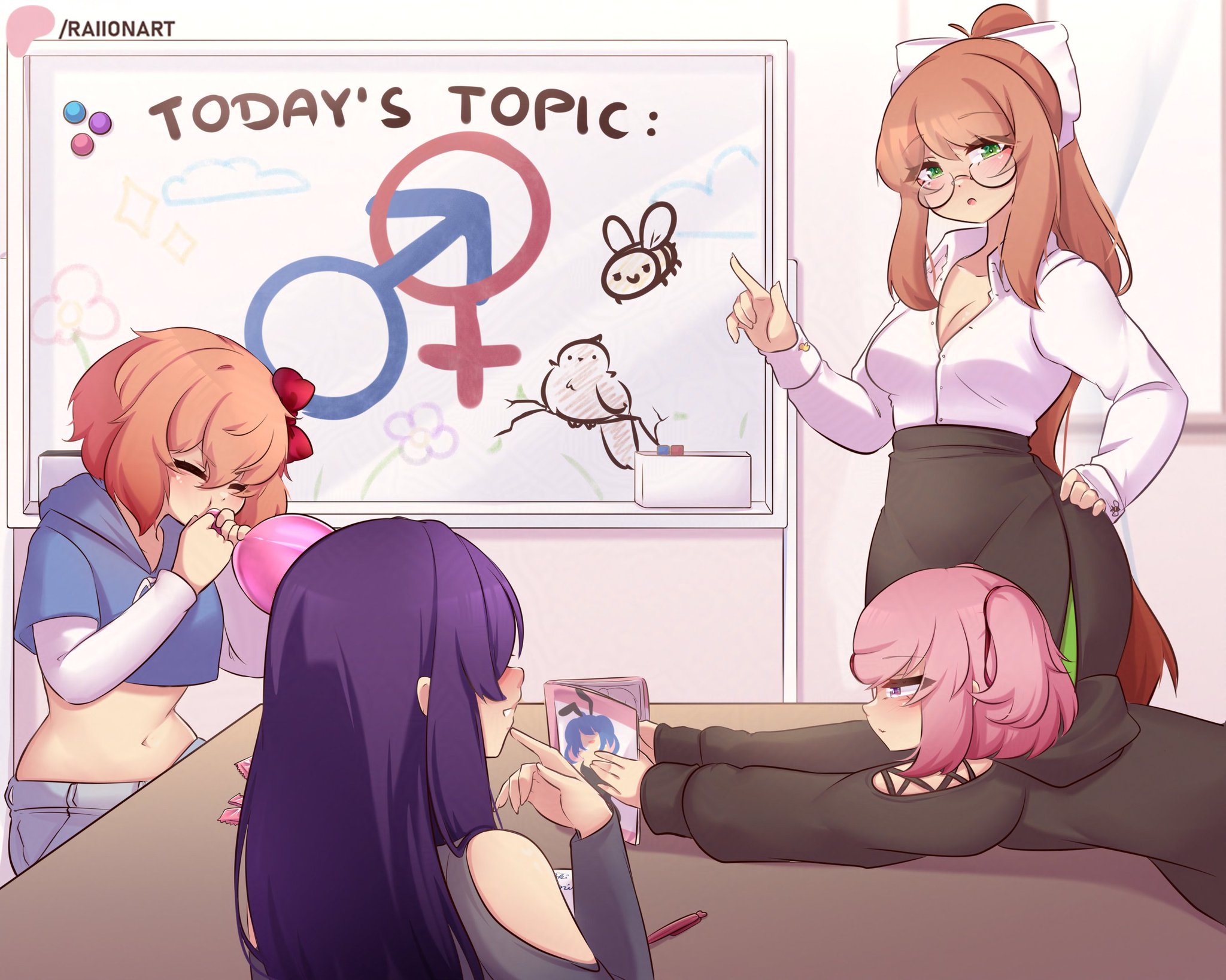 4girls, birds and the bees, classroom, clothed, clothed female, doki doki literature club, monika (doki doki literature club), natsuki (doki doki literature club), raionart, sayori (doki doki literature club), sex education, yuri (doki doki literature club)