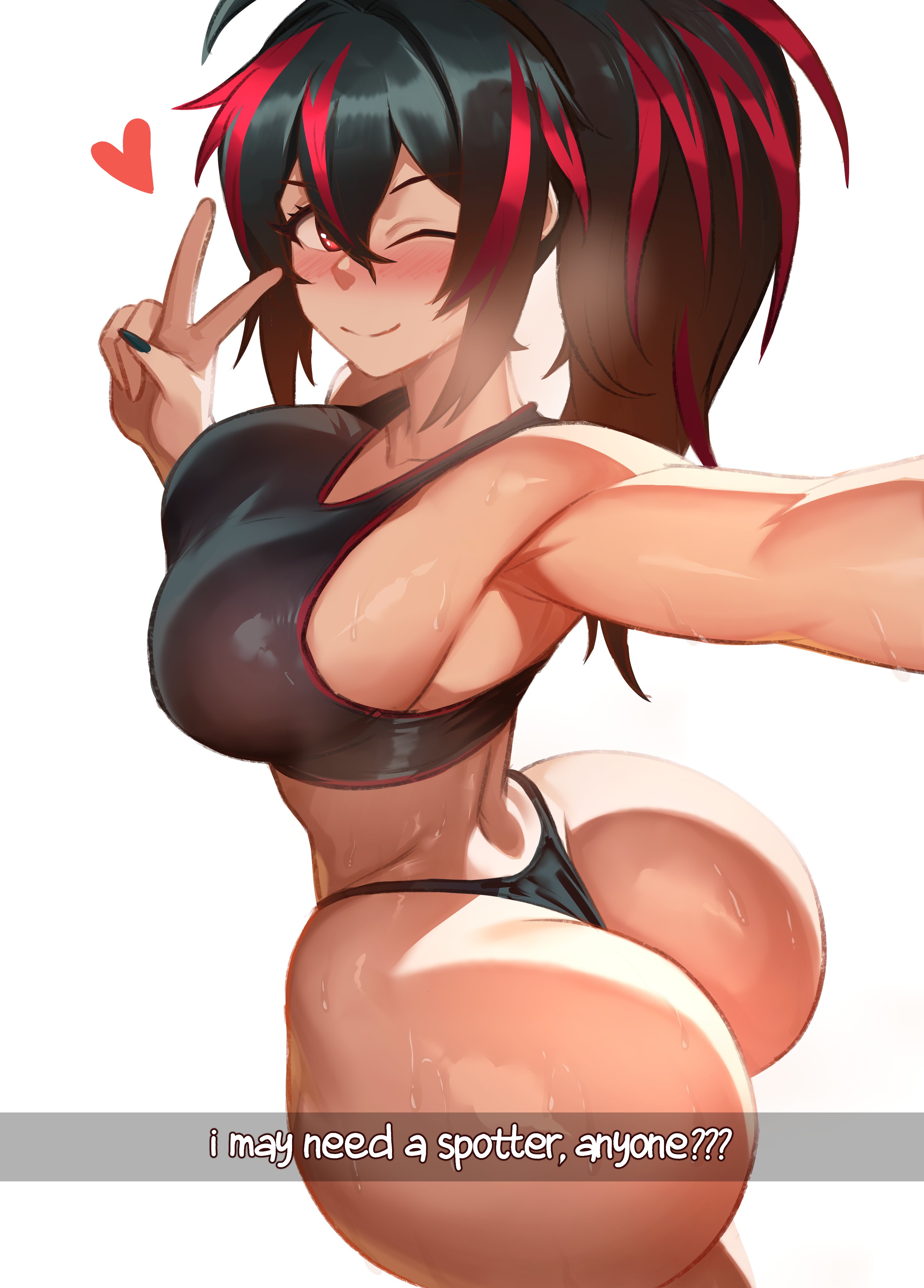 1girls, armpits, ass, ass bigger than head, ass focus, big ass, big breasts, black hair, black nails, black sports bra, blush, blushing, breasts, bubble butt, colored nails, curvy, english text, fat ass, female, glistening body, glistening skin, gym, heart, huge ass, huge breasts, large breasts, long hair, long nails, micro thong, multicolored hair, musk, musk clouds, onepen, painted nails, peace sign, ponytail, presenting, red eyes, red streaks, selfie, smiling, snapchat, solo, sports bra, sportswear, sweat, sweaty, sweaty ass, sweaty body, sweaty butt, teasing, text, thick thighs, thong, underwear, wide hips, winking at viewer, zenless zone zero, zhu yuan
