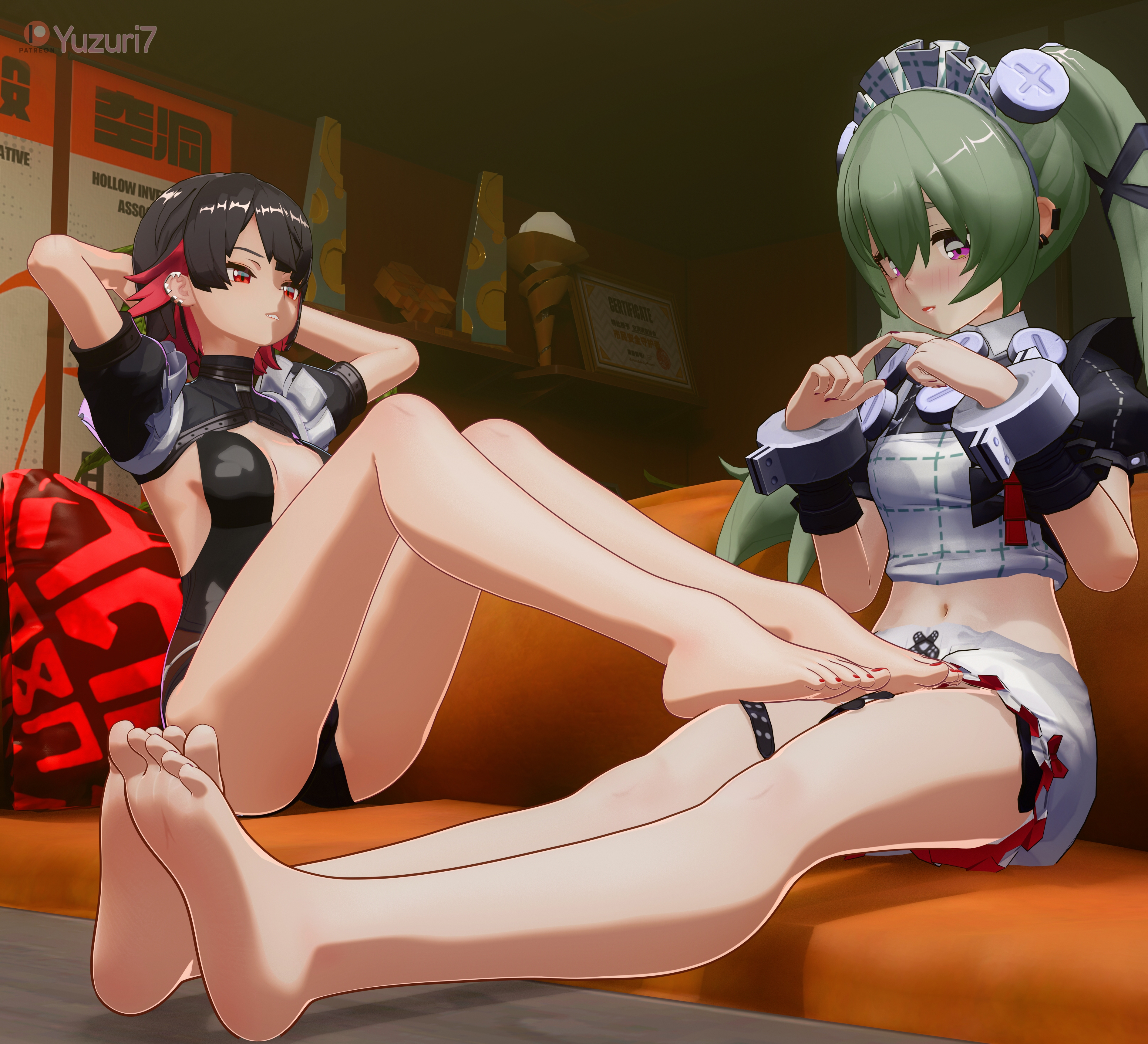 2girls, 3d, 3d (artwork), arms behind head, bare legs, barefoot, black hair, blender, blush, breasts, cleavage, colored nails, corin wickes, ellen joe, feet, feet focus, female, female only, foot fetish, foot focus, green hair, hi res, hoyoverse, indoors, long hair, maid, midriff, mihoyo, nail polish, painted nails, painted toenails, red eyes, short hair, shorts, shy, sideboob, sitting, smile, soles, swimsuit, thighs, toes, yuzuri7, zenless zone zero