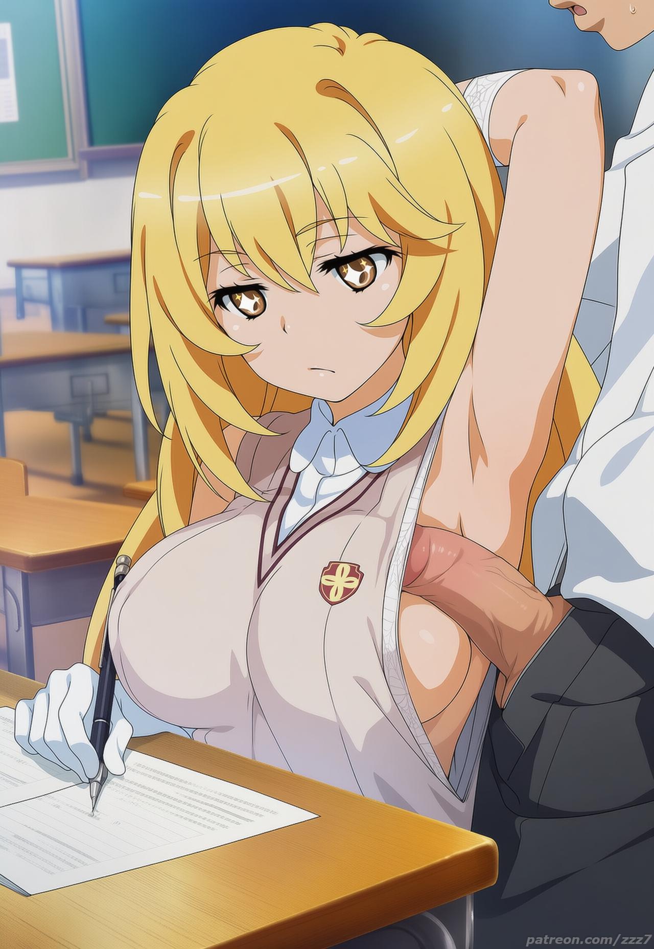 1boy, 1girl, 1girls, ai generated, arm behind head, bored, classroom, expressionless, indoors, large breasts, no bra, one arm up, paper, penis out, penis under clothes, rubbing, shokuhou misaki, sideboob, sitting, standing male, to aru kagaku no railgun, to aru majutsu no index, uninterested, watermark, writing, zzz7