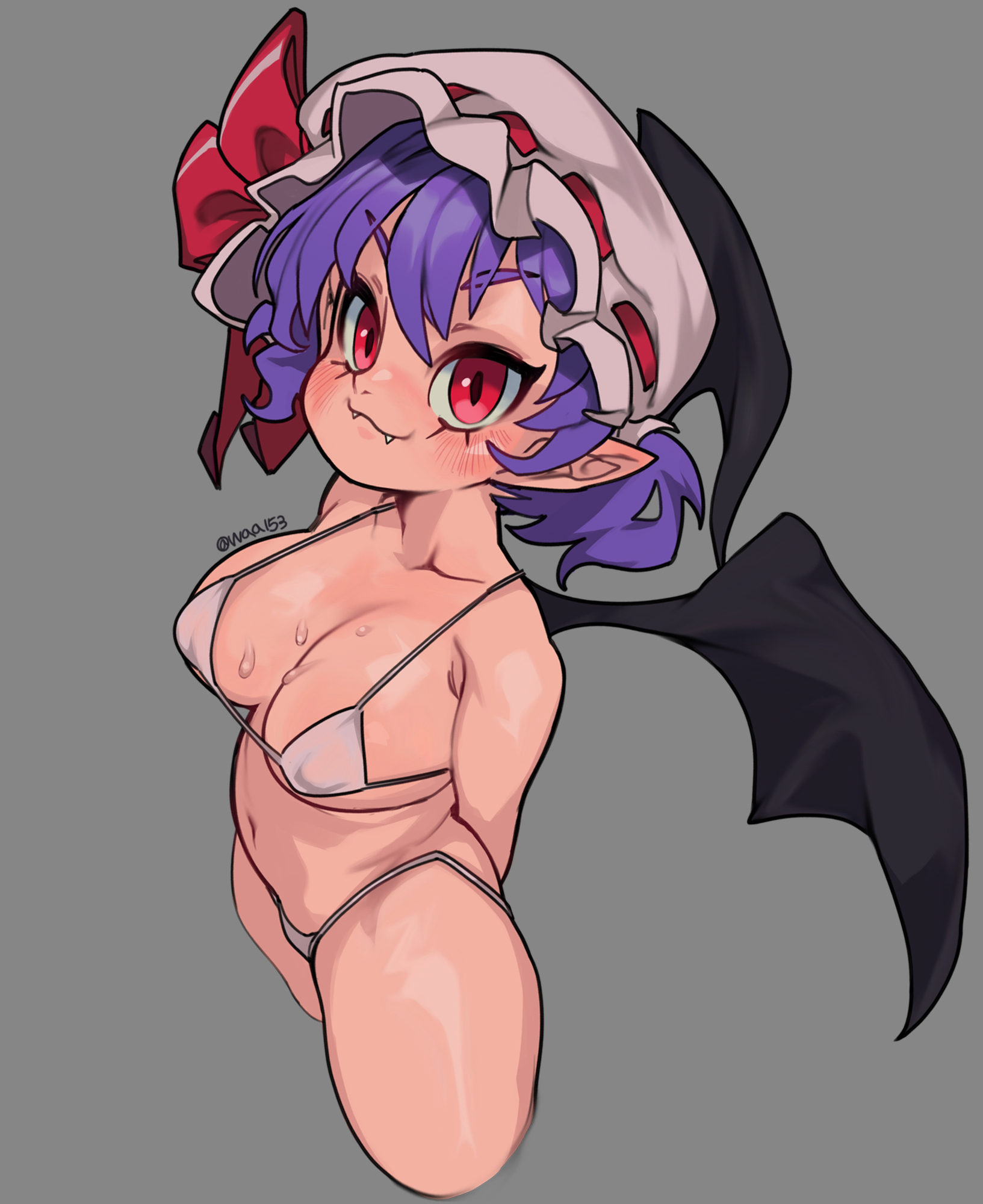color, colored, fangs, female, light skin, light-skinned female, remilia scarlet, solo, string bikini, tagme, touhou, waa153, wings