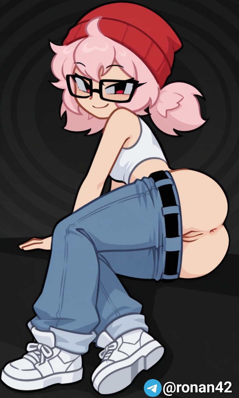 1girl, 1girls, ai generated, anus, ass, back view, bent over, brawl stars, female, female only, gloves, janet (brawl stars), jeans, looking at viewer, looking back, pink hair, pussy, red eyes, ronan42, tricky janet (brawl stars)
