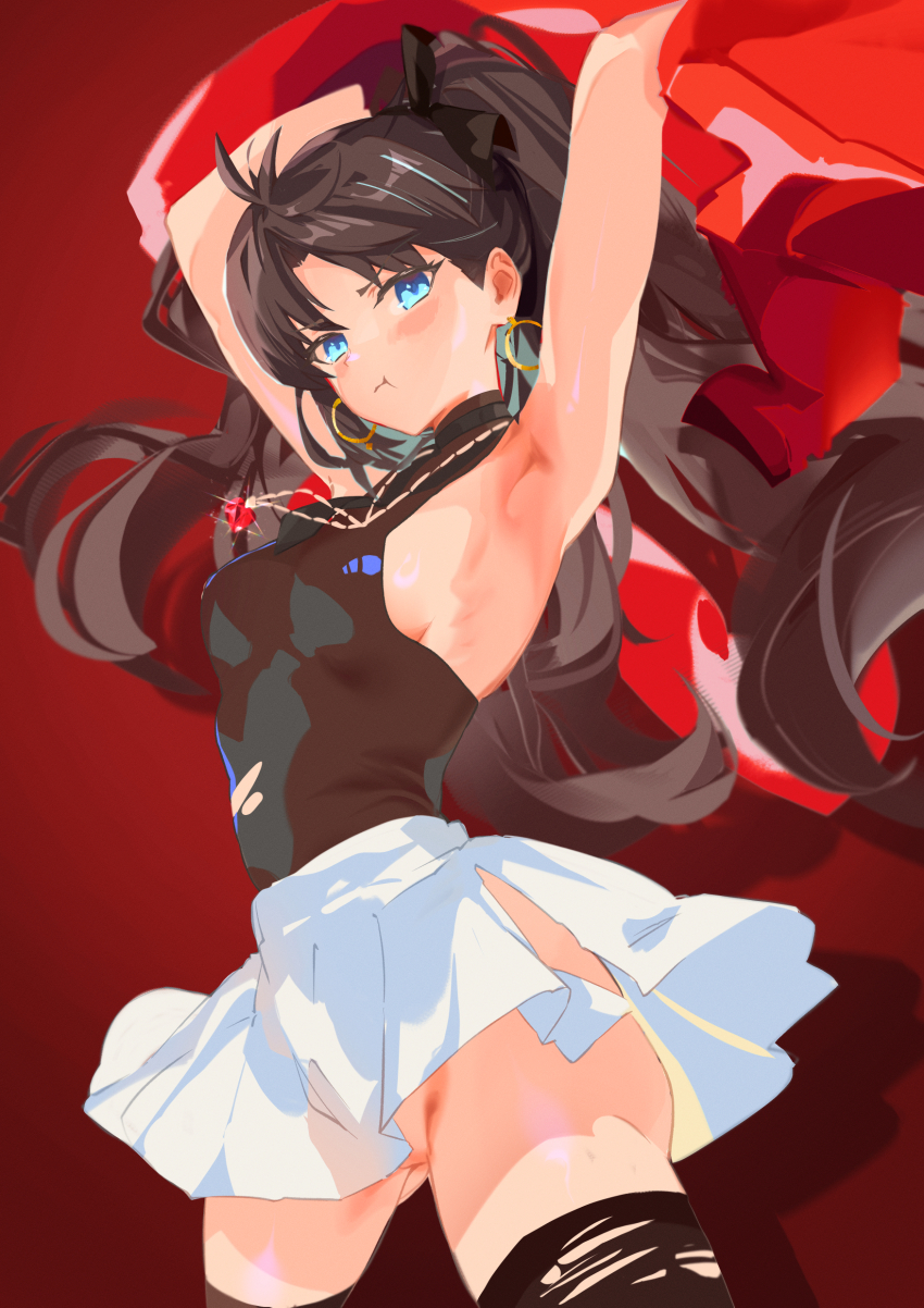 1girl, absurdres, armpits, arms behind head, arms up, ass, big ass, black hair, black shirt, black thighhighs, blue eyes, breasts, earrings, fate (series), fate/stay night, female, female focus, female only, highres, honkai (series), honkai: star rail, huge ass, jacket, jewelry, long hair, looking at viewer, medium breasts, miaosu, miniskirt, necklace, no panties, pout, pussy, red background, red jacket, shirt, sideboob, simple background, skirt, small breasts, solo, thick thighs, thighhighs, thighs, tohsaka rin, tohsaka rin (honkai: star rail), torn clothes, torn thighhighs, twintails, very long hair, white skirt