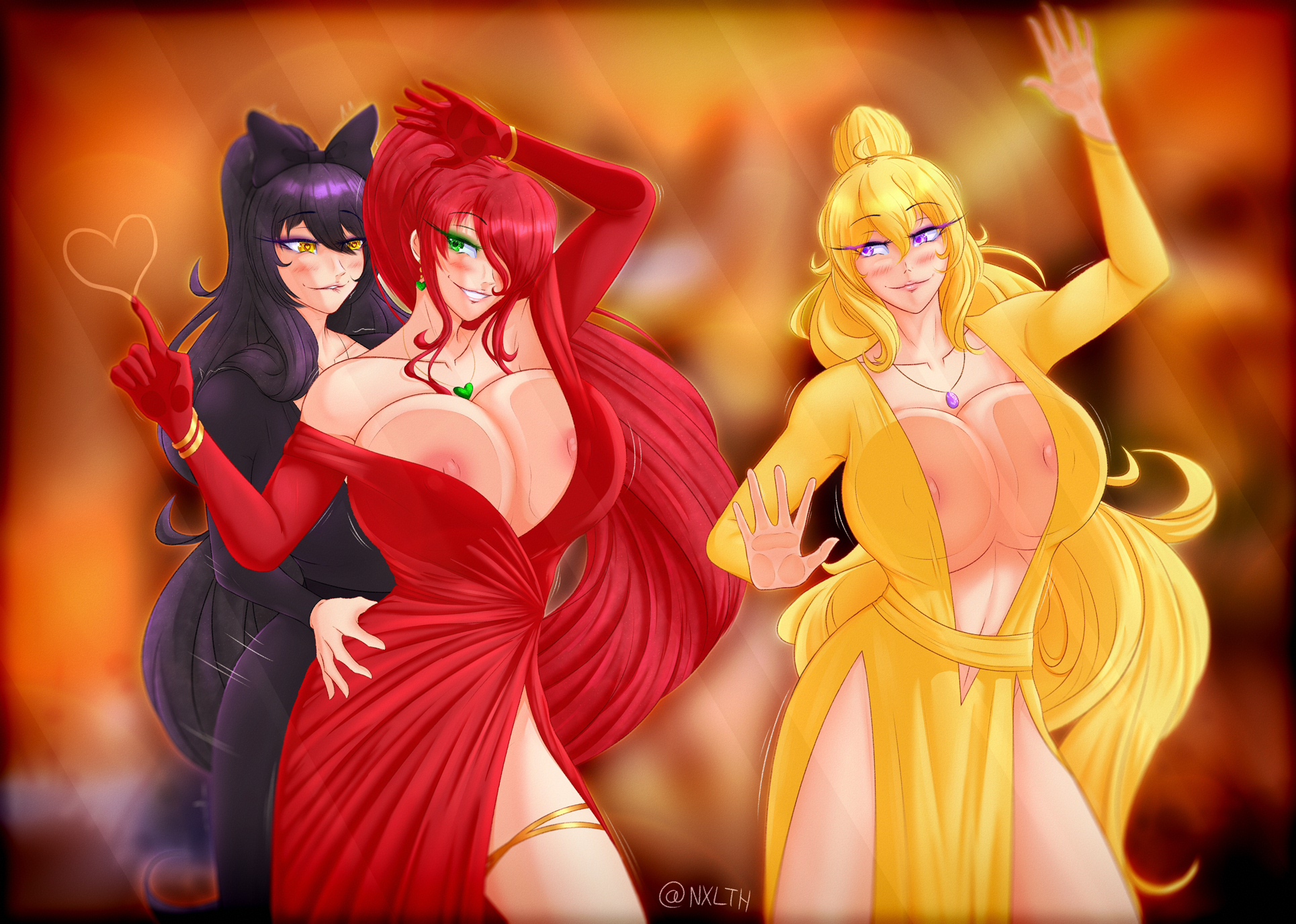 3girls, against glass, amber eyes, biting lip, black hair, blake belladonna, blonde hair, blush, breasts, cat ears, cat girl, catgirl, dress, faunus, female, female only, green eyes, huge breasts, long hair, necklace, ponytail, purple eyes, pyrrha nikos, red hair, rwby, voluptuous, xlthuathopec, yang xiao long, yuri