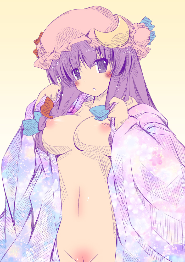 breasts crescent female female_only hat human long_hair nipples open_clothes open_robe patchouli_knowledge plus9 purple_eyes purple_hair pussy solo touhou uncensored