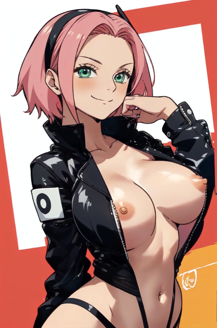 ai_generated black_jacket breasts_out cosplay female female_only mynameisdoomguy naruto nico_robin nico_robin_(cosplay) one_piece one_piece:_egghead_arc pink_hair sakura_haruno tagme