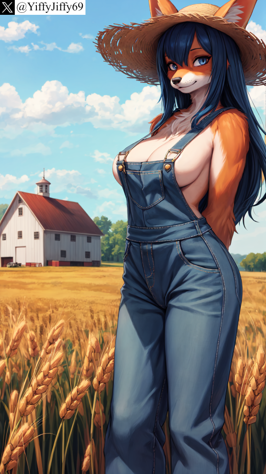 1girls ai_generated animal_ears anthro arms_behind_back artist_name bangs blue_eyes blue_hair blue_sky breasts canine cleavage cloud day female fox fox_ears furry furry_female hair_between_eyes hat large_breasts long_hair looking_at_viewer naked_overalls outdoors overalls sky smile snout solo stable_diffusion standing straw_hat twitter twitter_username watermark yiffyjiffy69