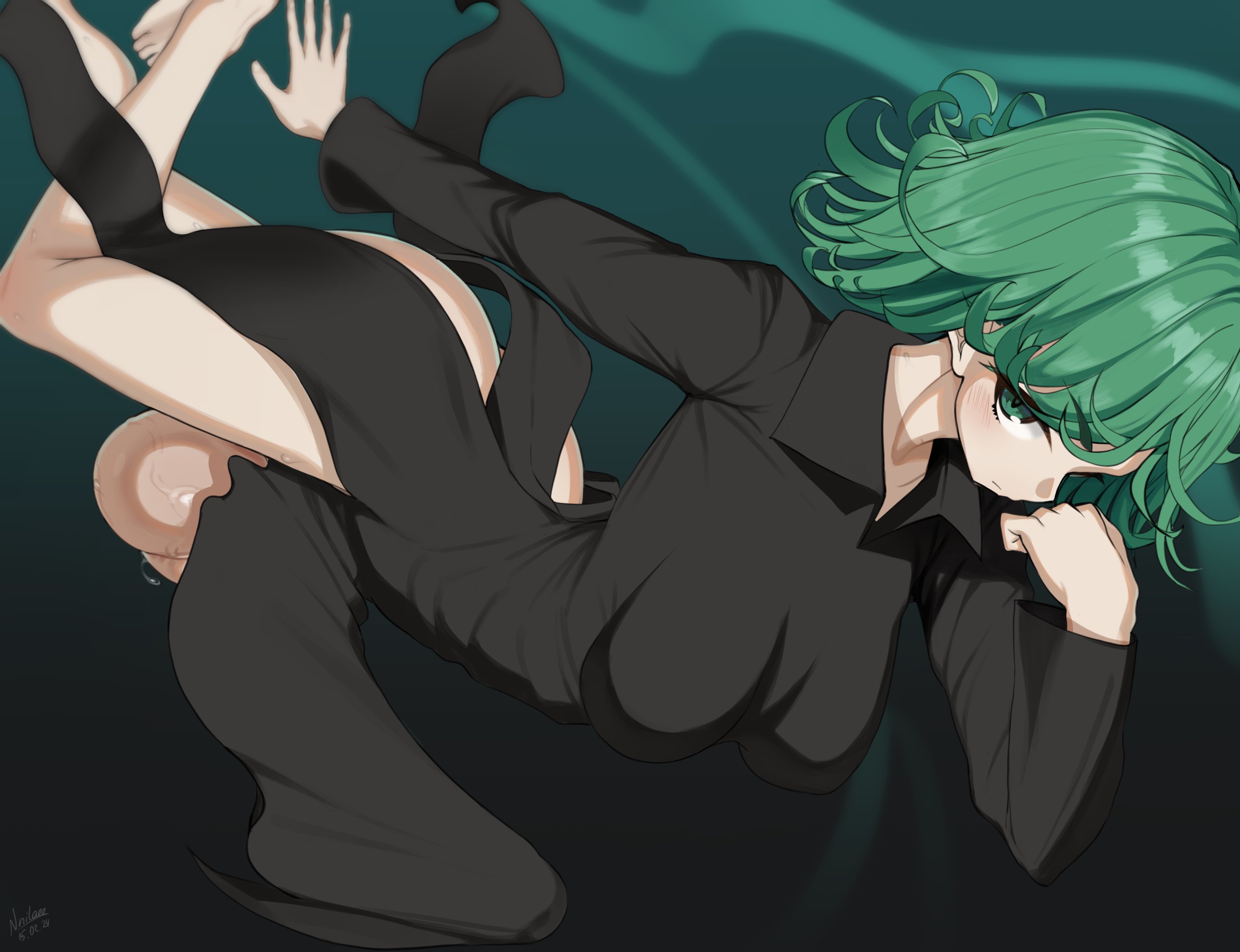 1futa, ass, balls, big ass, big balls, big butt, big penis, big testicles, bottomless, breasts, clothed, clothing, dress, erection, futa only, futanari, green eyes, green hair, huge cock, huge thighs, human, intersex, large ass, large balls, large butt, large testicles, light skin, light-skinned futa, looking at viewer, mostly clothed, nnilaee, one-punch man, penis, precum, precum stain, precum through clothing, short hair, smooth balls, solo, sweat, tatsumaki, testicles