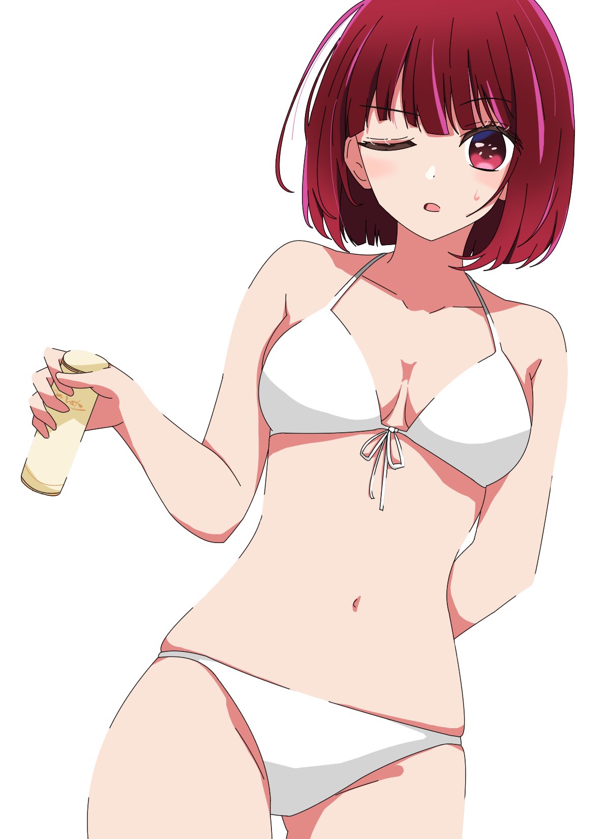 arima_kana arm_behind_back bare_arms bare_legs bare_midriff bare_shoulders bare_thighs belly bob_cut bra female hand_behind_back highres inverted_bob kusana_(kusana47454281) looking_at_viewer medium_breasts navel one_eye_closed open_mouth oshi_no_ko red_eyes red_hair short_hair simple_background standing string_bikini underboob underwear waist white_background white_bikini white_bikini_bottom white_bikini_girl white_bikini_top white_bra white_swimsuit white_swimwear