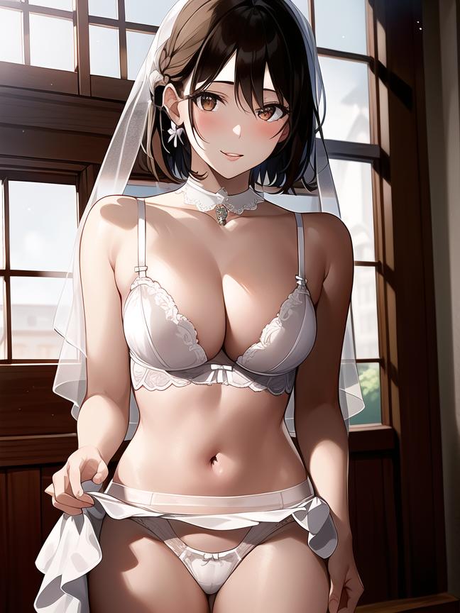 1girls ai_generated ai_mirror belly_button blush brown_eyes brown_hair choker earrings looking_at_viewer looking_nervous medium_breasts short_hair skirt skirt_lift smile underwear wedding_dress wedding_veil white_skin white_underwear window