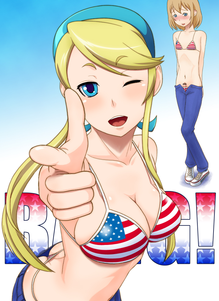 1boy 1girls @ma? american_flag american_flag_bikini ass ass_cleavage bikini_top blonde_hair blue_eyes blush breasts butt_crack censored cleavage clothes downpants female femboy finger_gun footwear gesture heroman joey_jones large_breasts lina_davis male one_eye_closed panties panty_slip penis shoes sneakers swimsuit thong tomatto_(@ma!) trap underwear whale_tail wink