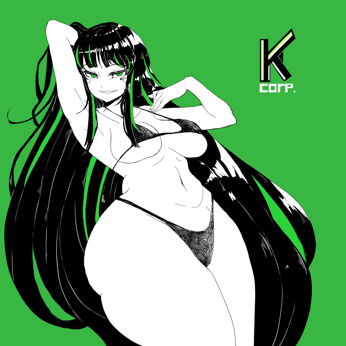 alfonso (limbus company), bikini, black bikini, black hair, breasts, female, female focus, female only, green background, green eyes, green highlights, limbus company, logo, long hair, looking at viewer, project moon, smile, soul man