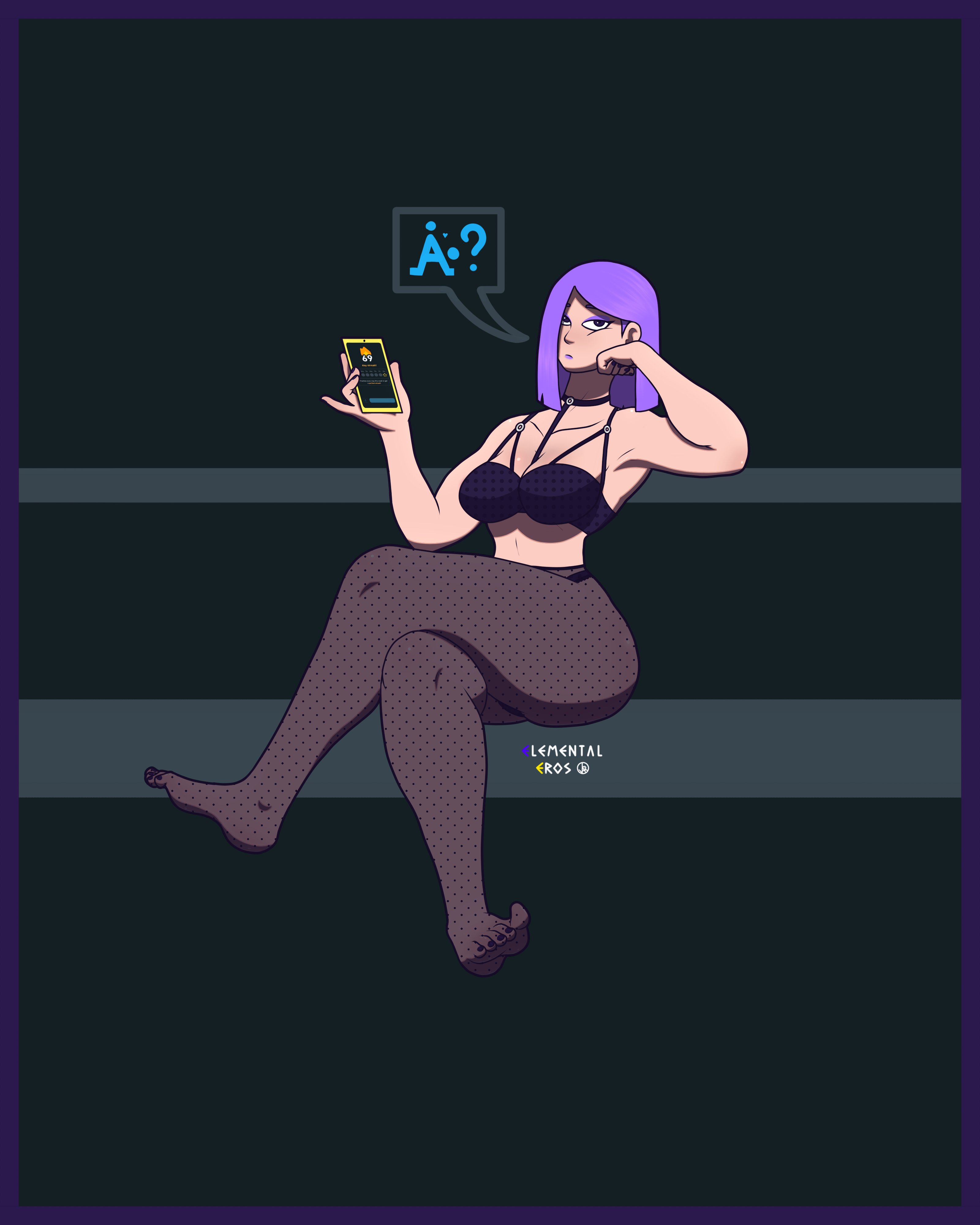 almost naked, almost nude, big breasts, bored expression, breasts, duolingo, elementaleros, feet, female, goth girl, imminent sex, lily (duolingo), lingerie, lingerie bra, lingerie only, lingerie panties, purple hair, thick thighs