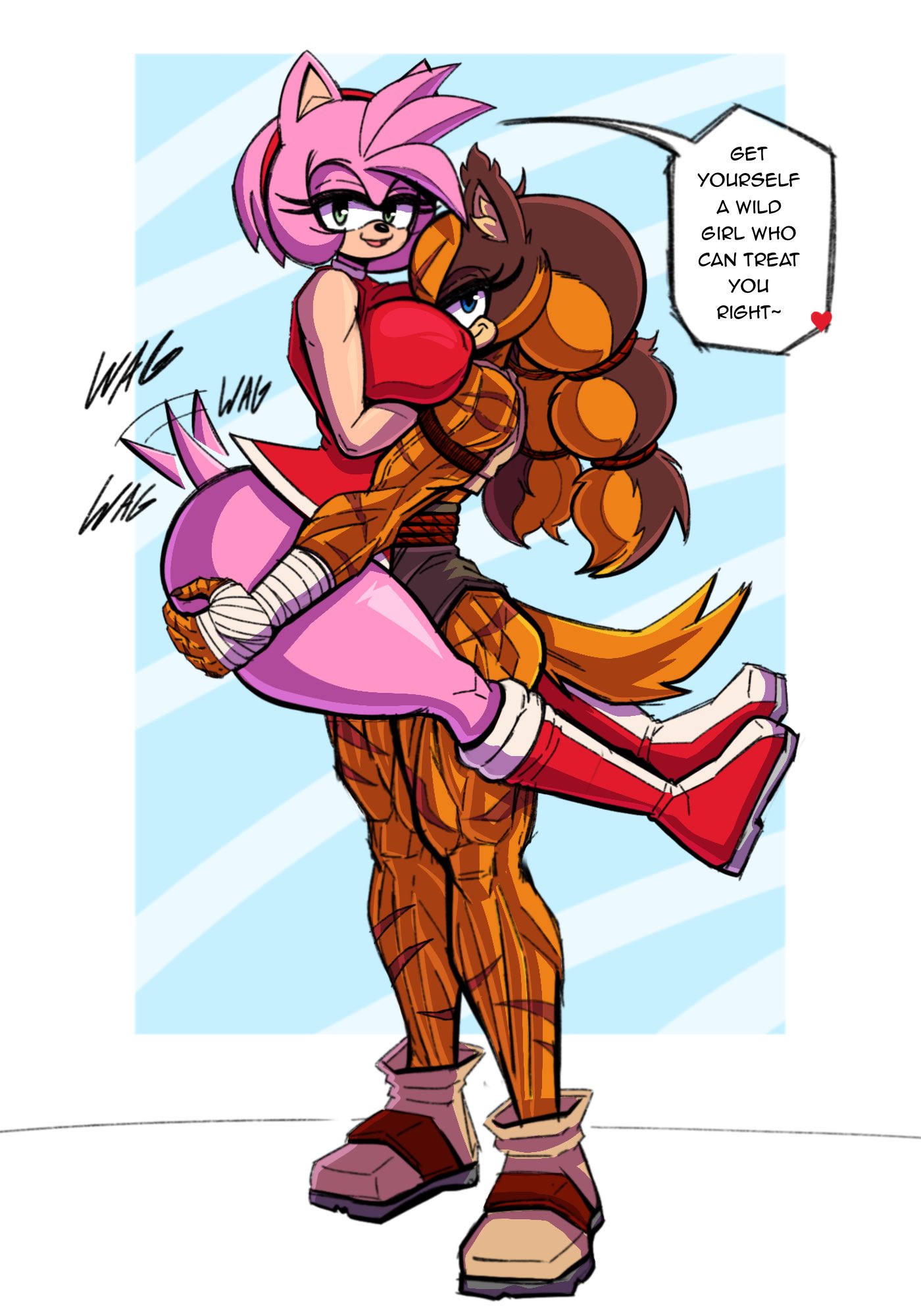 2girls, amy rose, ass, big ass, big breasts, boots, breasts, carrying partner, crop top, cxrryart, dialogue, dress, female, had a dream everyone was drawing lesbian ships like this (meme), meme, multiple females, multiple girls, muscular, muscular female, scar, scars, sega, skirt, sonic (series), sticks the badger, wagging tail, yuri