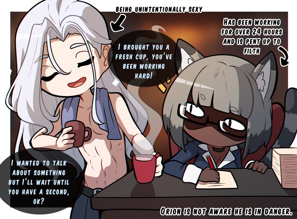 cat_ears cat_tail catgirl cornelia_(kinkymation) english english_text female fully_clothed glasses grey_hair kinkymation original orion_(kinkymation) pent_up shirtless shirtless_male speech_bubble text white_hair zodicat