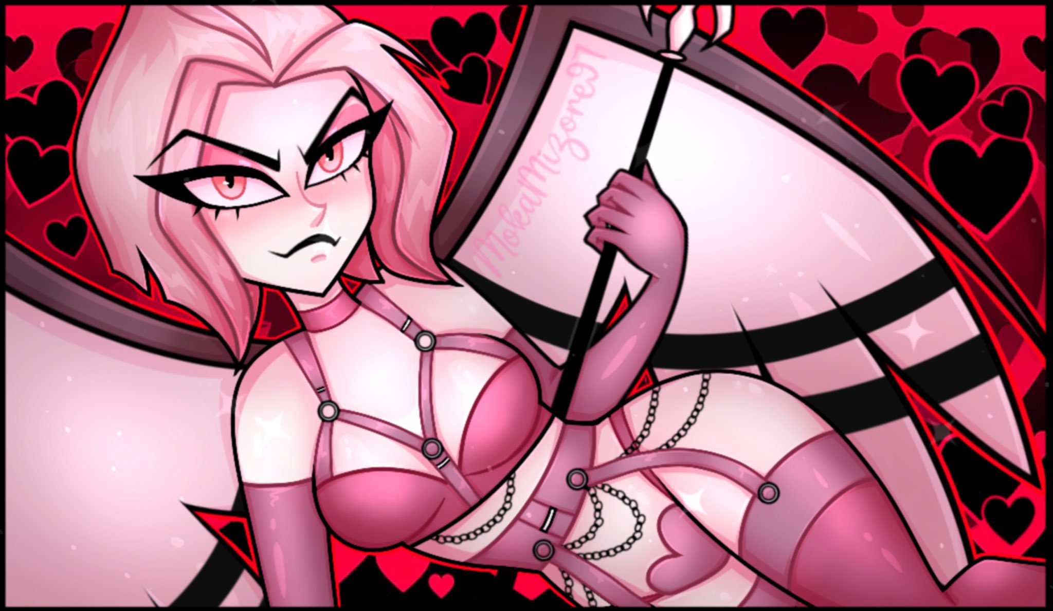 1girls, angel, angel girl, angel wings, female, female focus, female only, hazbin hotel, lingerie, lingerie bra, lingerie only, lingerie panties, lute (hazbin hotel), mokamizore, pin up, pinup, short hair, smile, solo, solo female, solo focus, spear, valentine's day, vivziepop