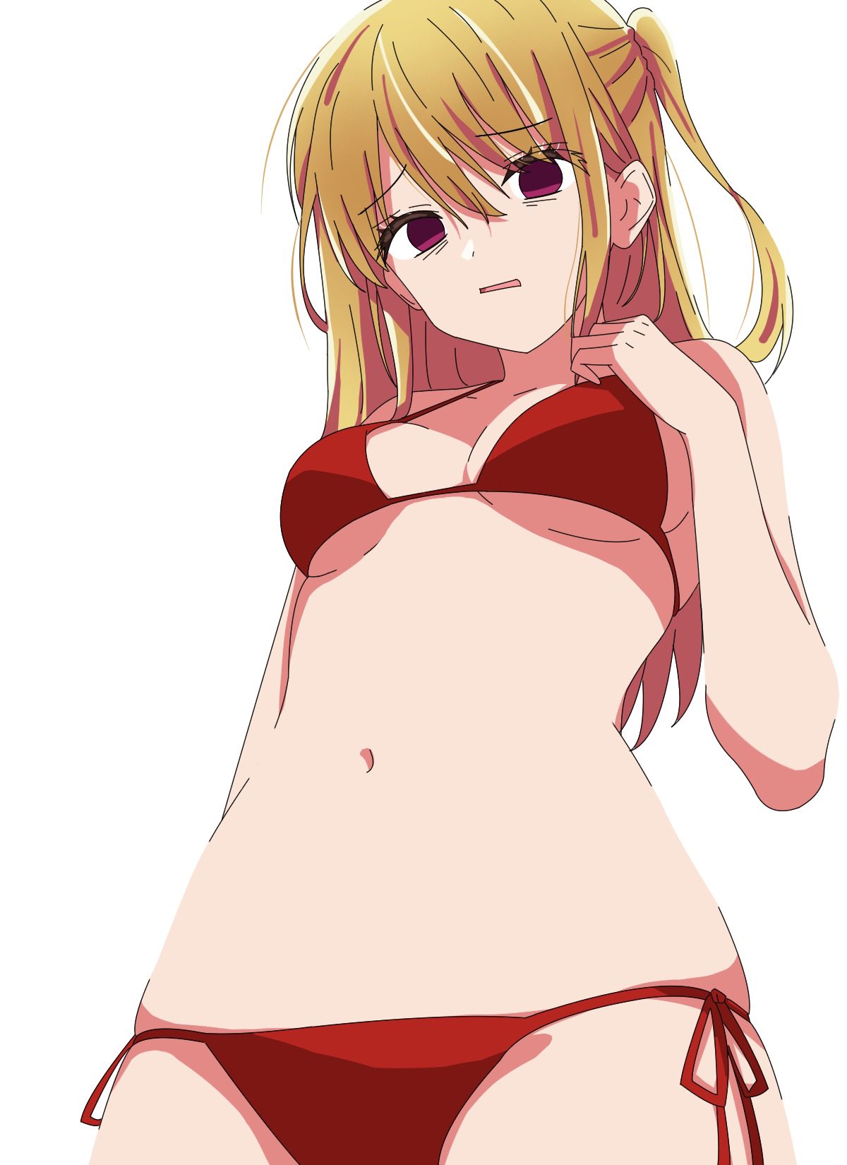 1girls alternate_costume arm_behind_back bare_arms bare_legs bare_midriff bare_shoulders bare_thighs belly belly_button bikini blonde_female blonde_hair blonde_hair_female blush breasts commentary_request cowboy_shot disgust female groin hair_between_eyes halterneck hand_on_chest highres hoshino_ruby kusana_(kusana47454281) long_hair looking_at_viewer looking_down medium_breasts midriff mismatched_pupils navel one_side_up open_mouth oshi_no_ko parted_lips red_bikini red_bikini_bottom red_bikini_top red_eyes red_swimsuit red_swimwear side-tie_bikini_bottom side_ponytail sideboob simple_background solo star-shaped_pupils star_(symbol) stomach string_bikini swimsuit symbol-shaped_pupils underboob v-line waist white_background