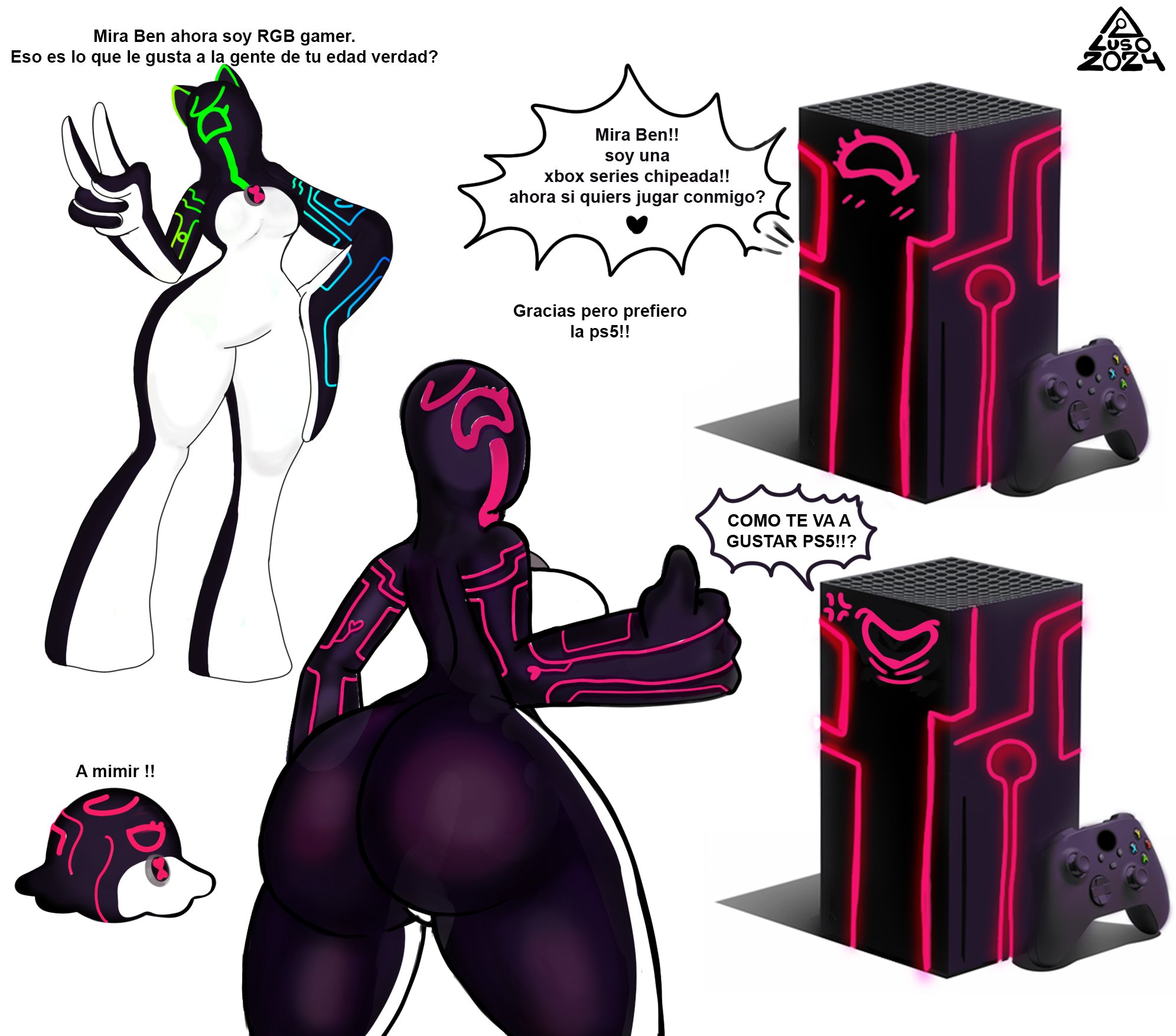 1girls, alien, alien girl, alien humanoid, ass, ass focus, ben 10, big ass, black body, breasts, chaquetrix, female, female only, humanoid, lusoillustrations, medium breasts, no nipples, pink body, spanish text, thelusoco, upgrade (ben 10)