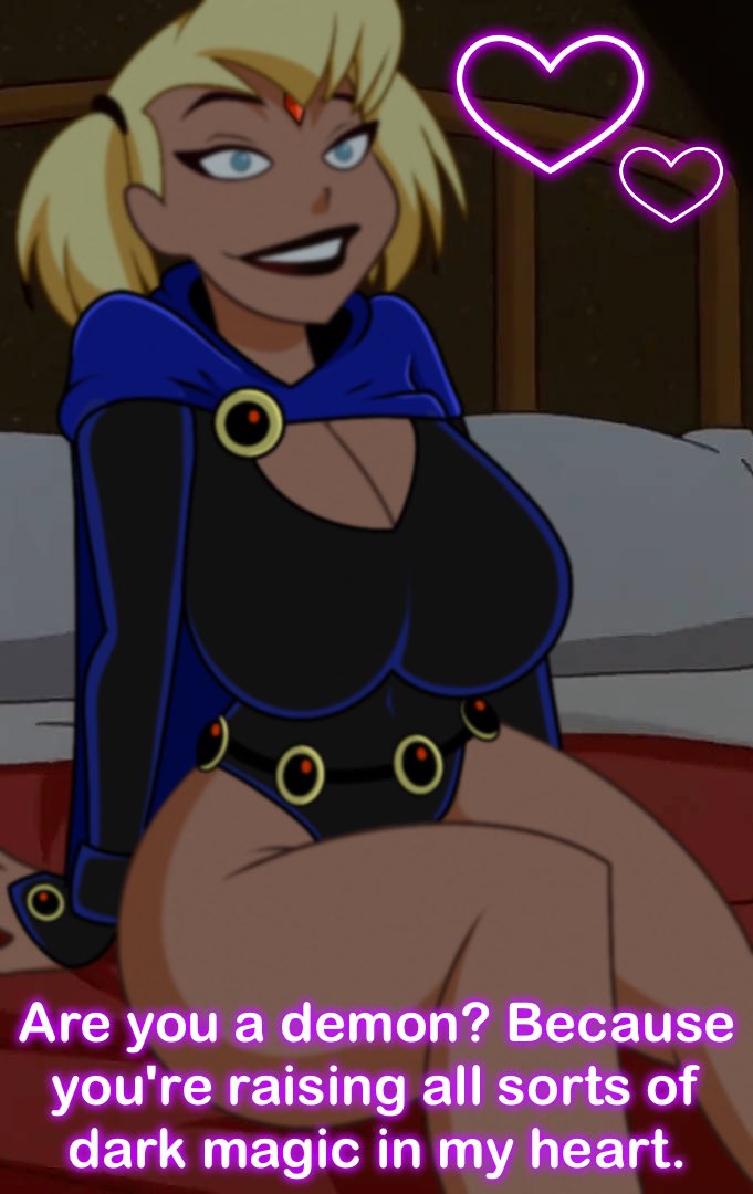 2d batman_(series) big_breasts blonde_hair dc edit edited english_text harley_quinn nerota raven_(cosplay) short_hair teen_titans thick_thighs